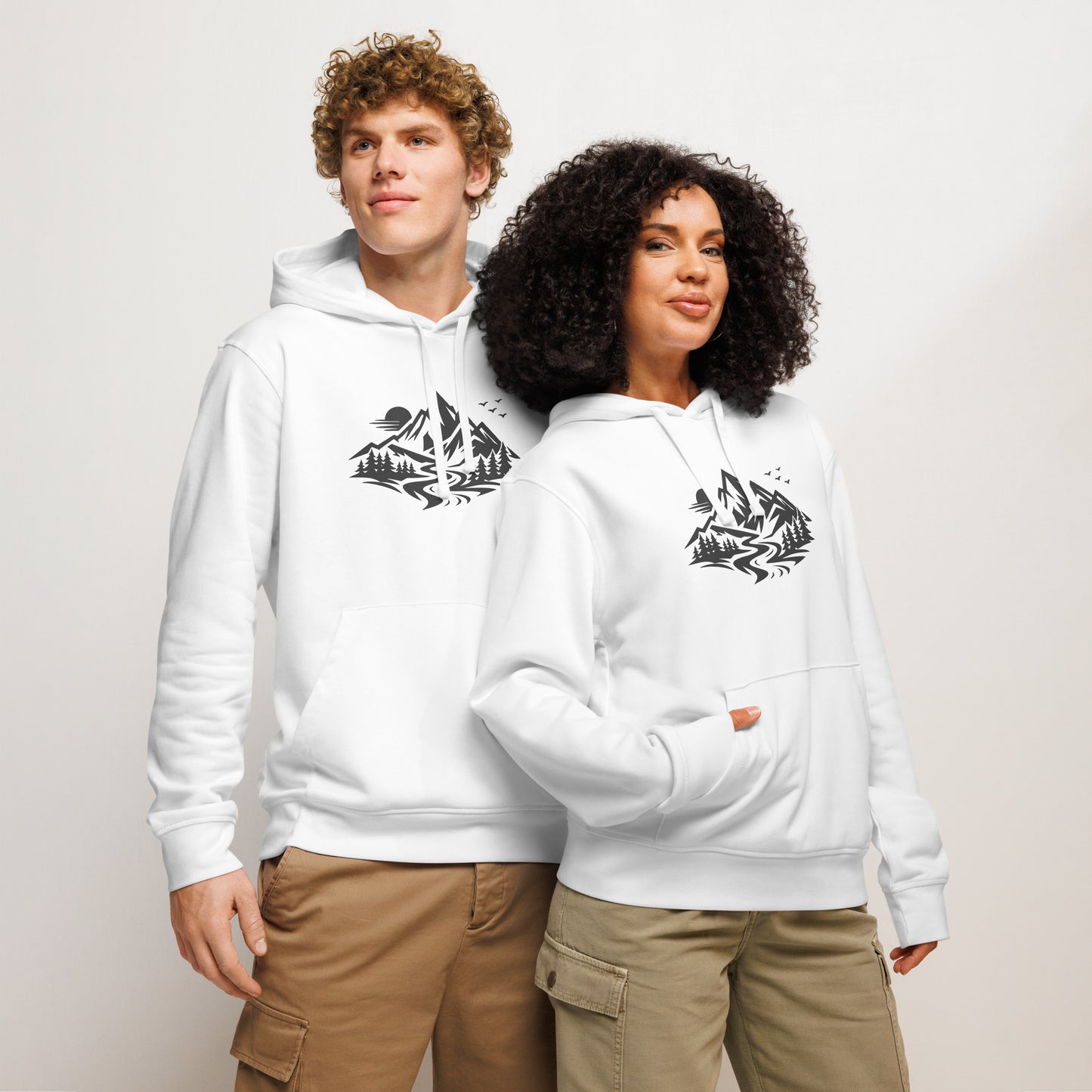 Lifestyle photo of Life Is Peak eco hoodie with dark mountain graphic – unisex organic cotton hoodie – color: white