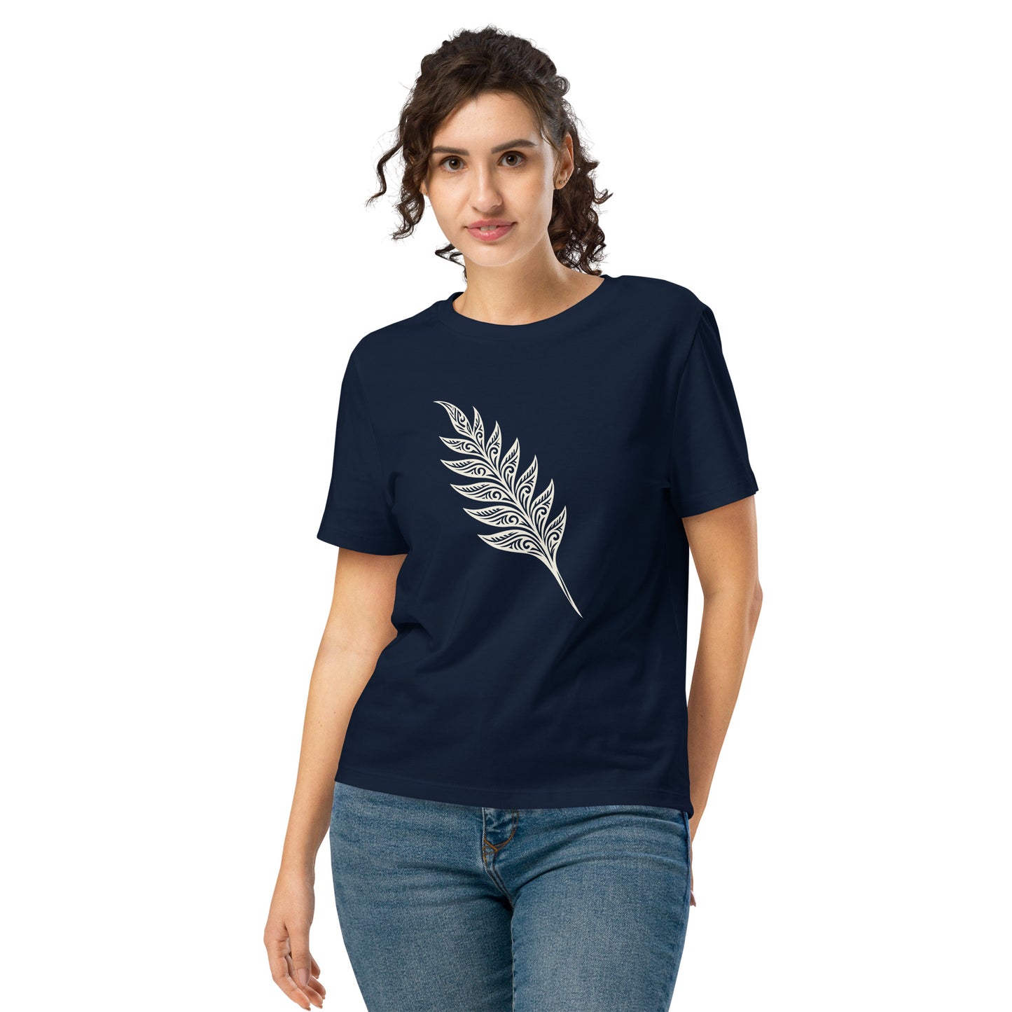 Lifestyle photo of Organic green unisex T-shirt featuring an intricate white line art fern frond inspired by the woodlands of West Cork - color: french navy