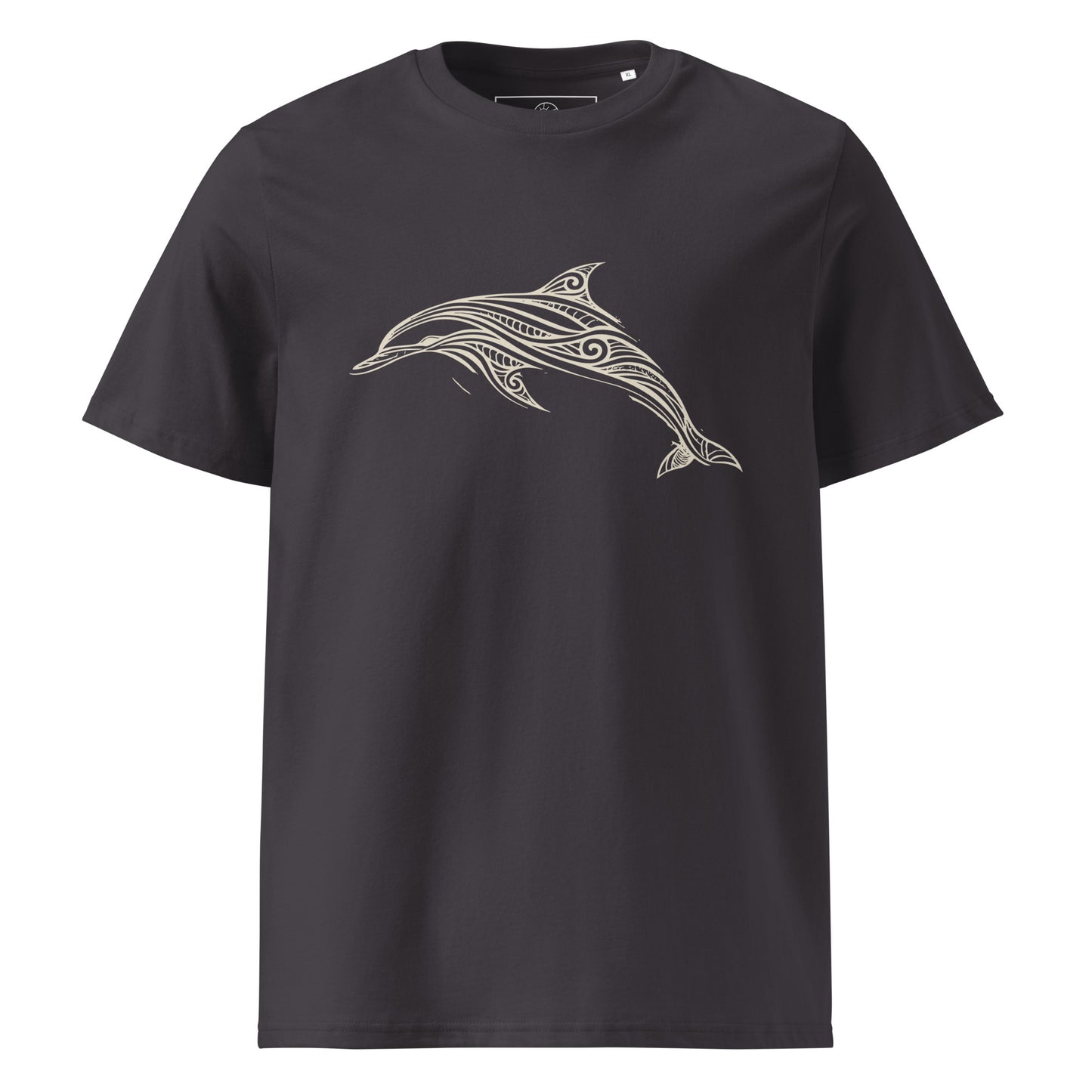 Front view of Organic cotton t shirt featuring minimalist line art dolphin inspired by the Celtic Sea off West Cork. color: anthracite