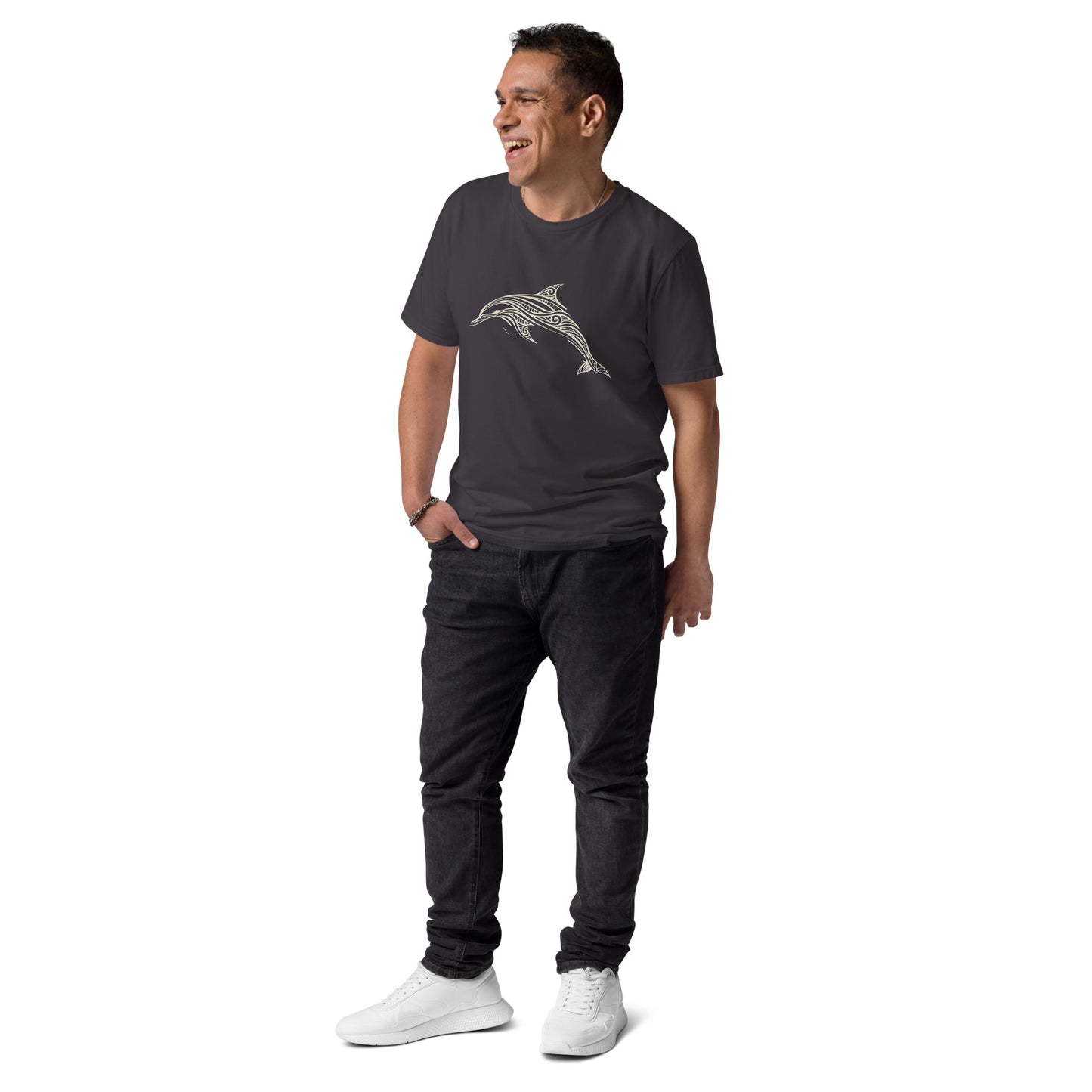 Lifestyle photo of Organic cotton t shirt featuring minimalist line art dolphin inspired by the Celtic Sea off West Cork. color: anthracite