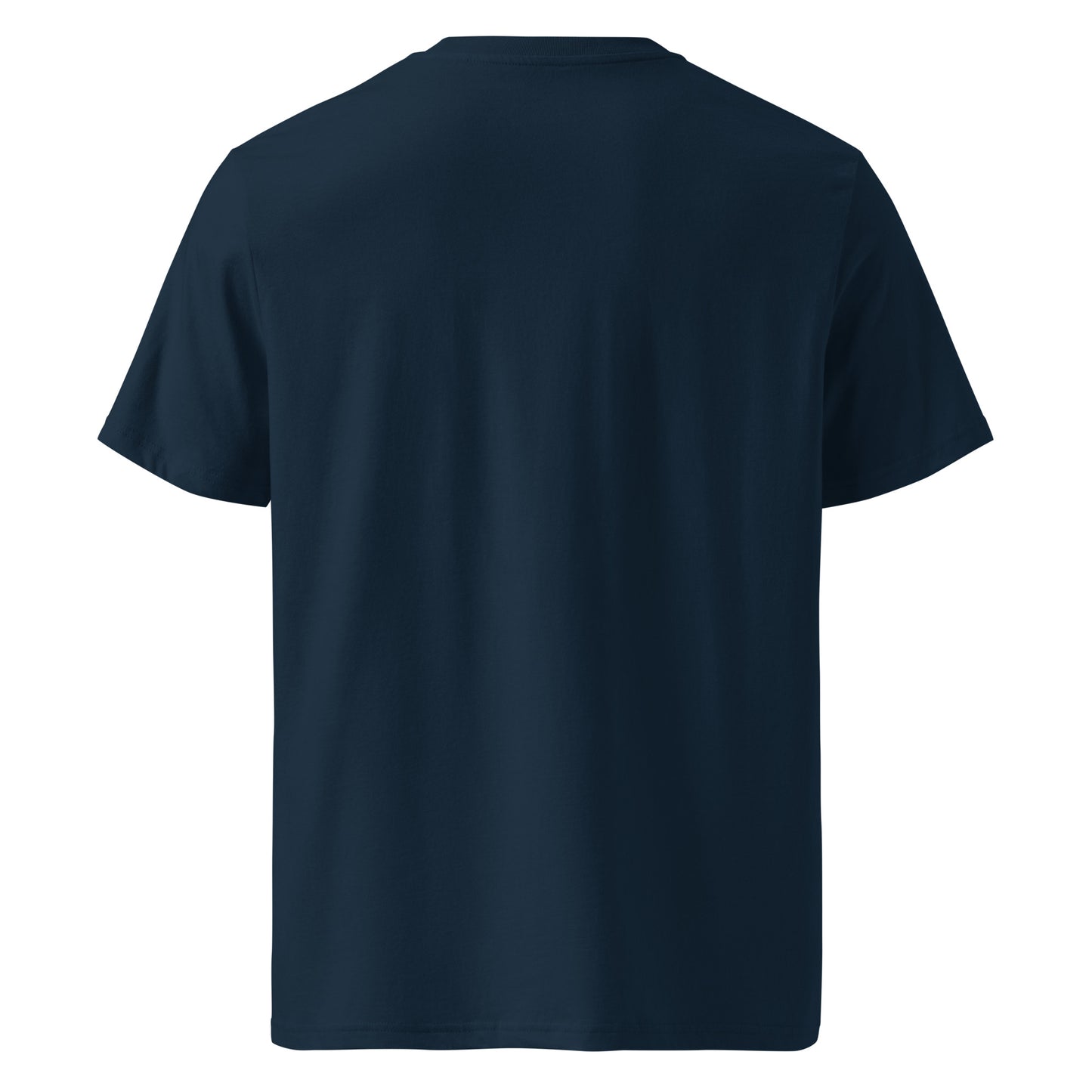 Back view of Organic cotton t shirt featuring minimalist line art dolphin inspired by the Celtic Sea off West Cork. color: french navy