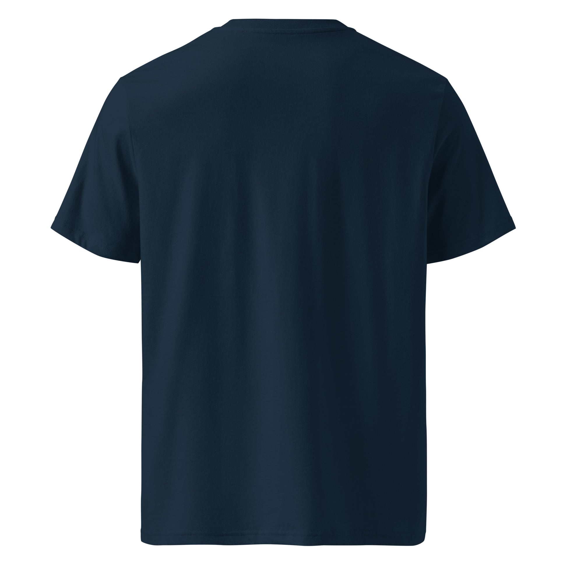 Back view of Organic cotton t shirt featuring minimalist line art dolphin inspired by the Celtic Sea off West Cork. color: french navy