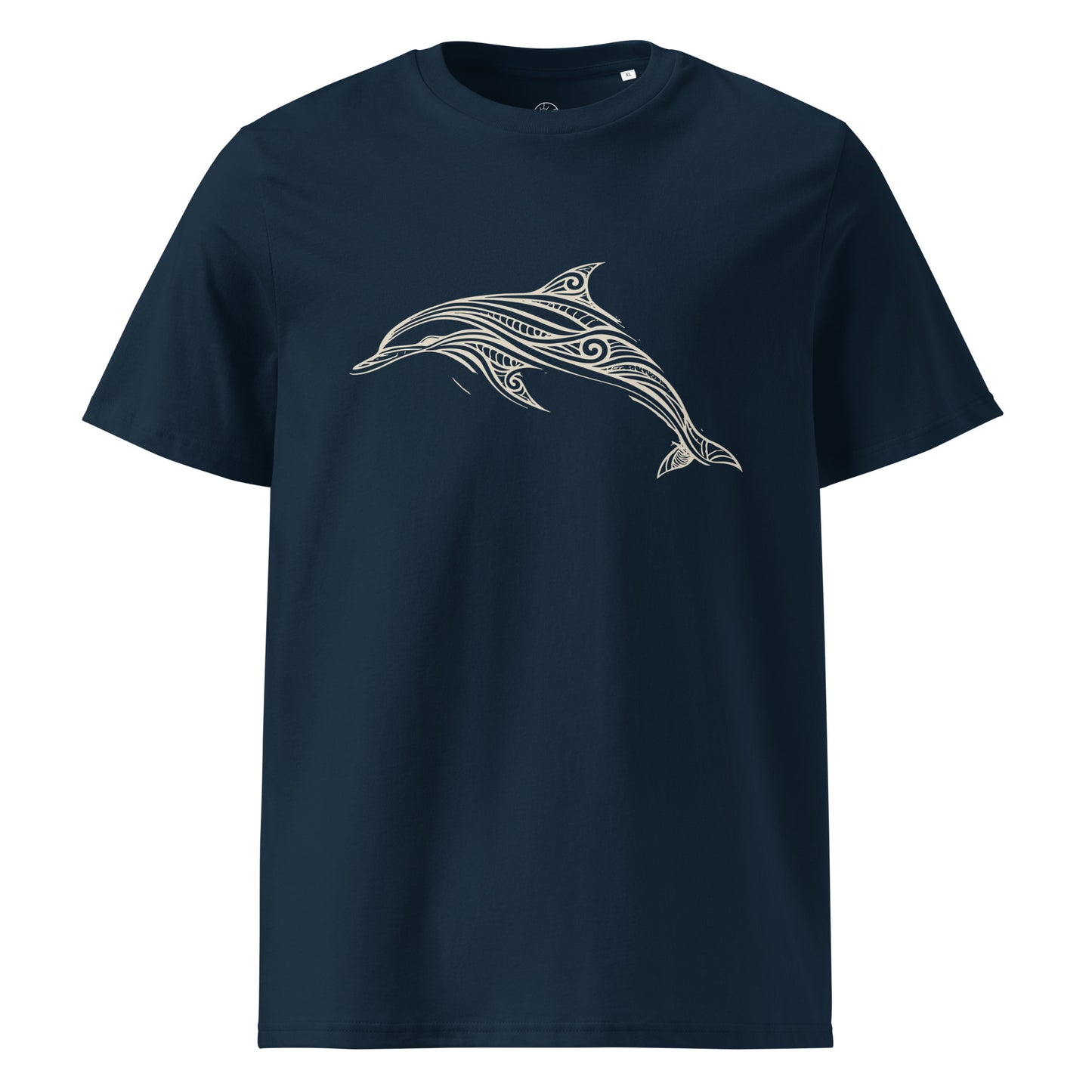 Front view of Organic cotton t shirt featuring minimalist line art dolphin inspired by the Celtic Sea off West Cork. color: french navy