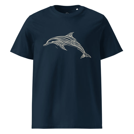 Front view of Organic cotton t shirt featuring minimalist line art dolphin inspired by the Celtic Sea off West Cork. color: french navy