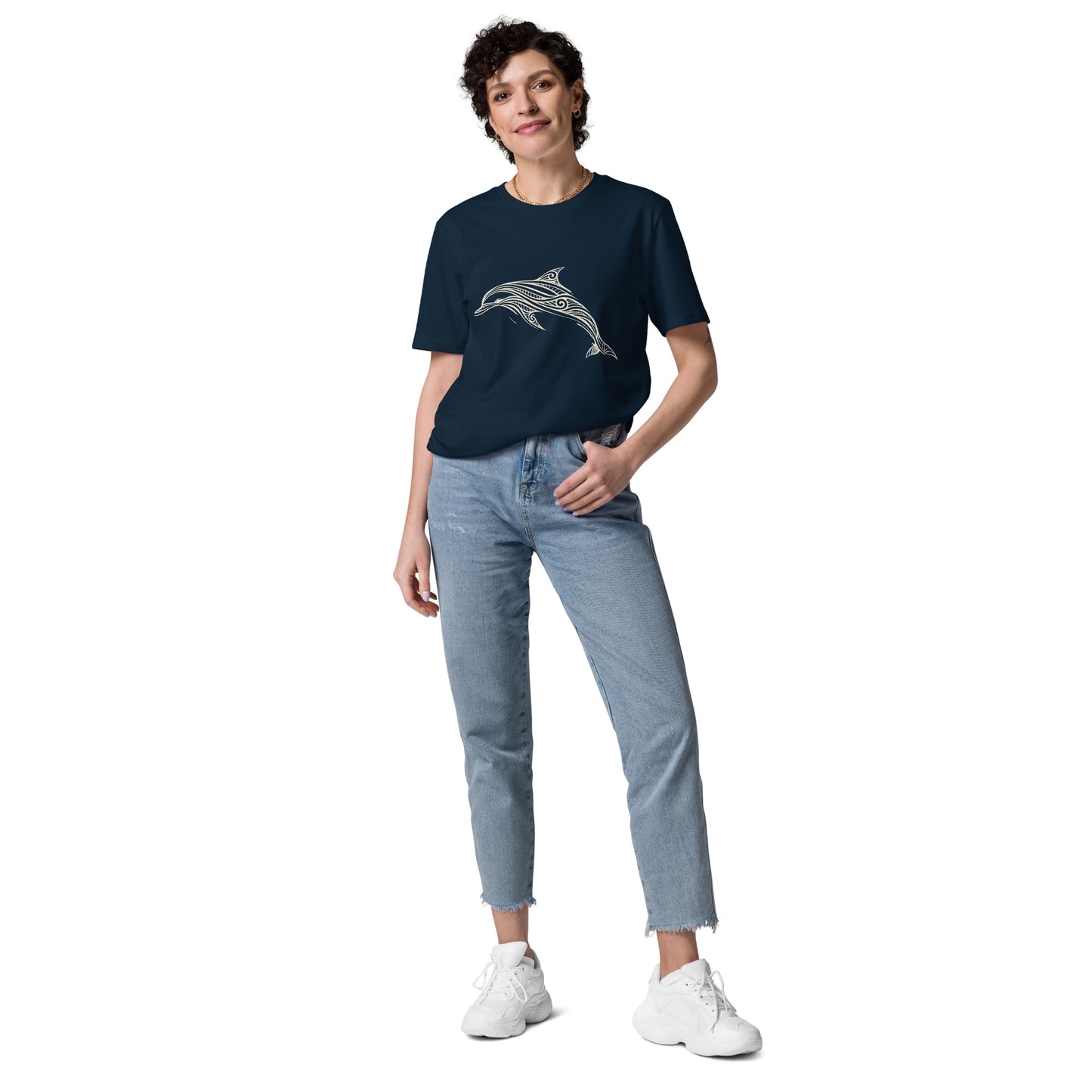 Lifestyle photo of Organic cotton t shirt featuring minimalist line art dolphin inspired by the Celtic Sea off West Cork. color: french navy