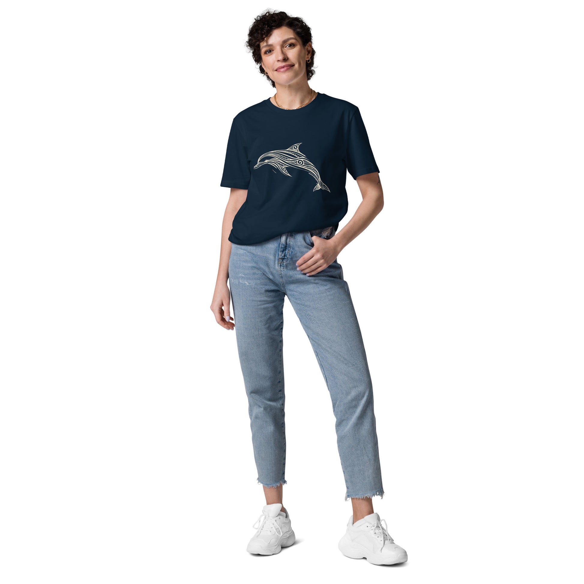Lifestyle photo of Organic cotton t shirt featuring minimalist line art dolphin inspired by the Celtic Sea off West Cork. color: french navy