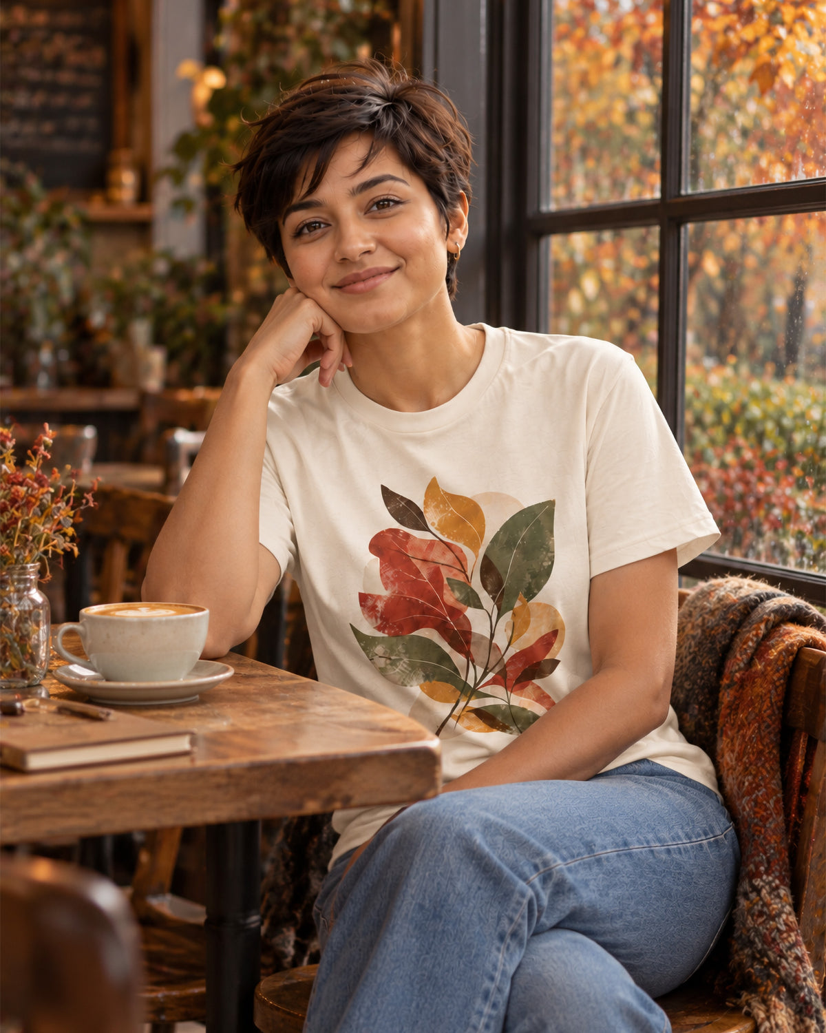 Woman wearing an Autumn Botanicals organic cotton T-shirt with abstract rust, ochre and olive leaf designed by Gaia's Harmony and seated in a cosy café with autumn foliage outside