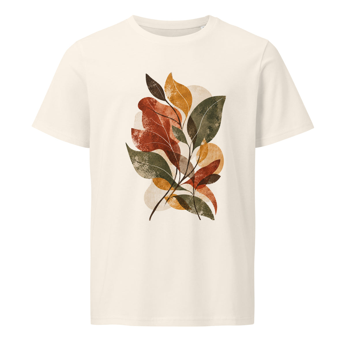 Front view of Autumn Botanicals organic cotton T-shirt with abstract rust, ochre and olive leaf designed by Gaia's Harmony. 