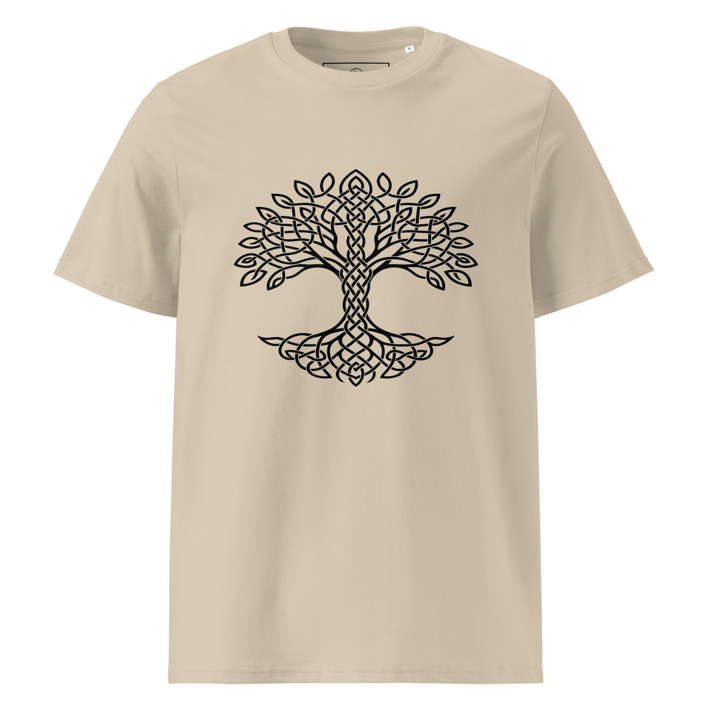 Front view of Celtic Tree of Life organic unisex cotton t-shirt with black tree design on chest, color: desert dust