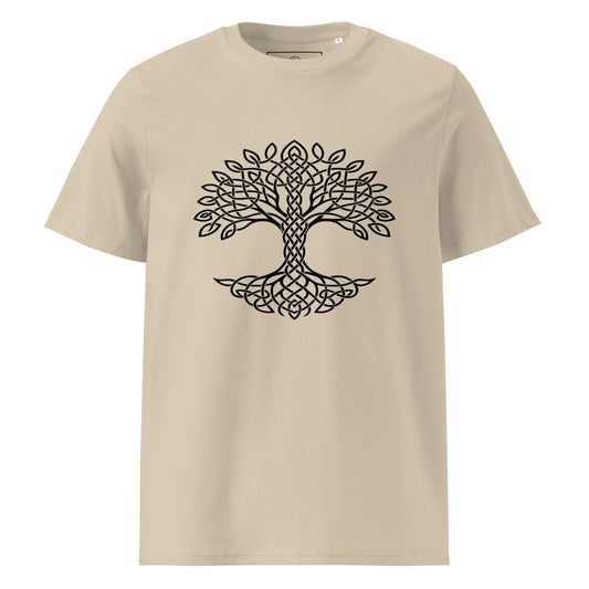 Front view of Celtic Tree of Life organic unisex cotton t-shirt with black tree design on chest, color: desert dust