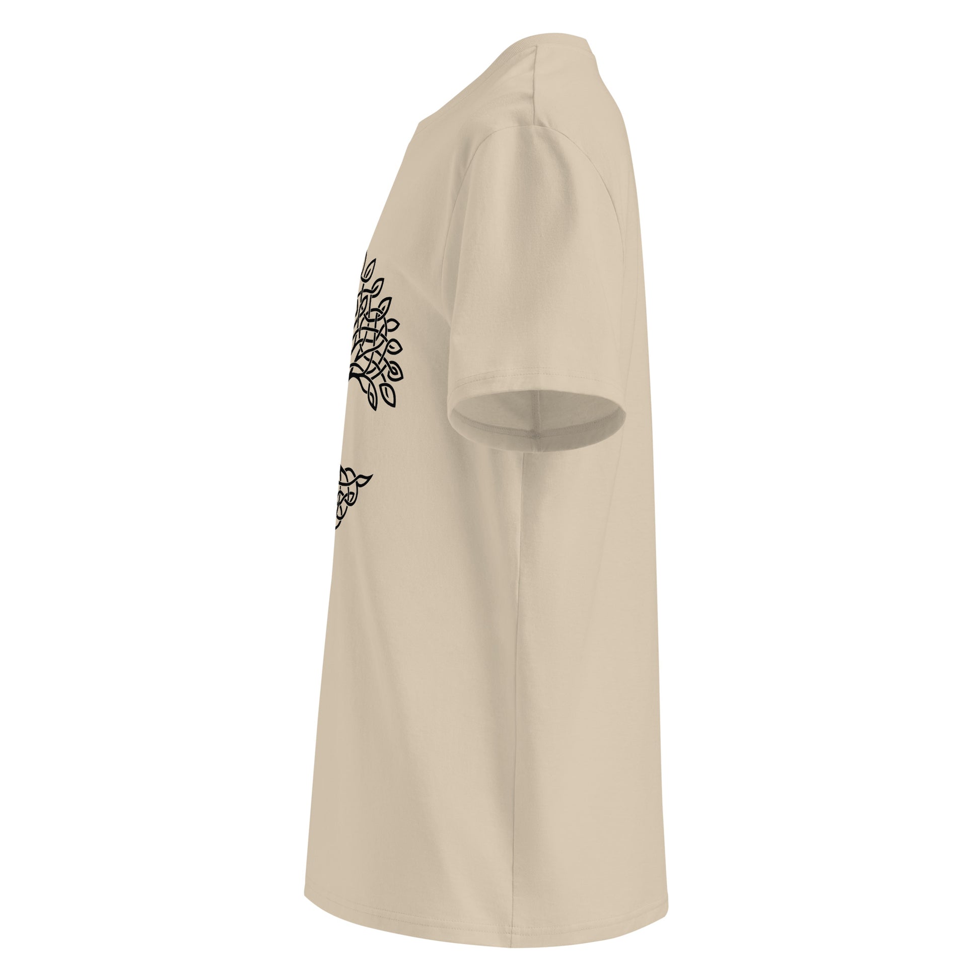 Side view of Celtic Tree of Life organic unisex cotton t-shirt with black tree design on chest, color: desert dust