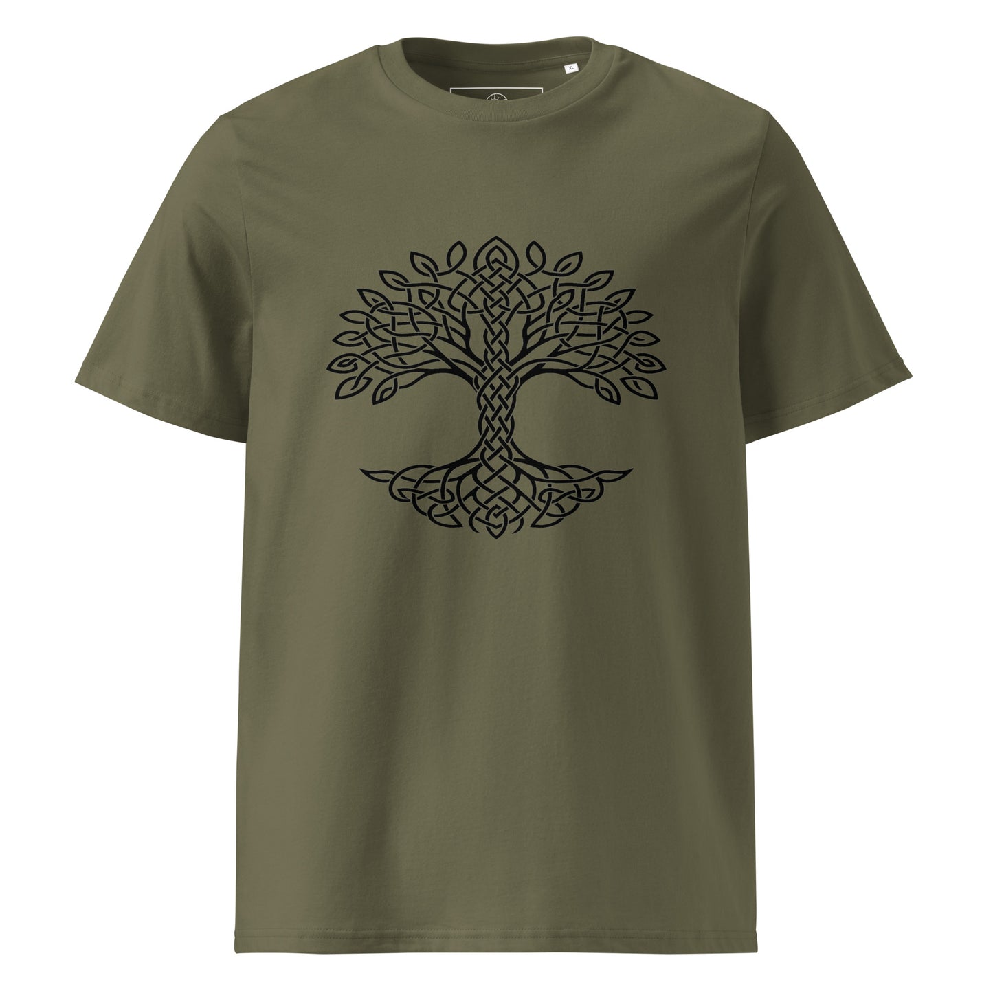 Front view of Celtic Tree of Life organic unisex cotton t-shirt with black tree design on chest, color: khaki