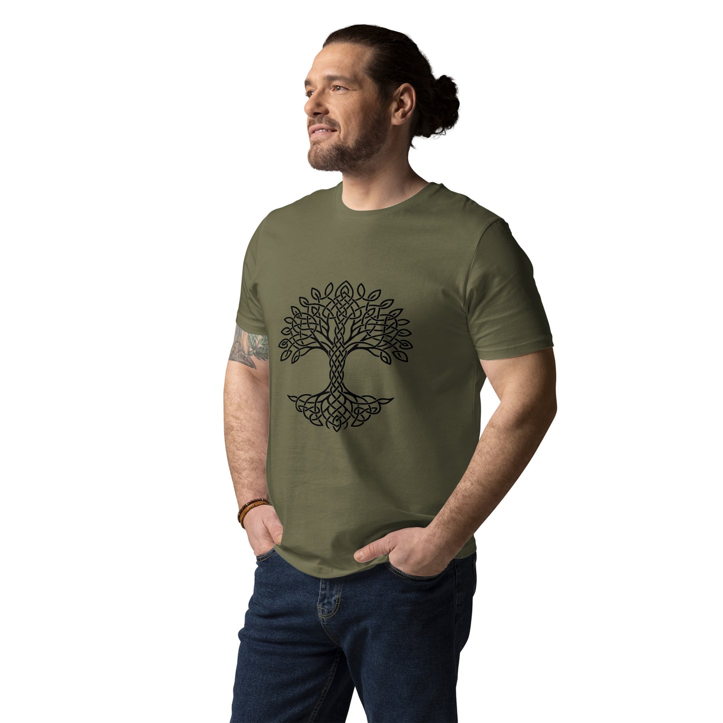 Lifestyle photo of Celtic Tree of Life organic unisex cotton t-shirt with black tree design on chest, color: khaki