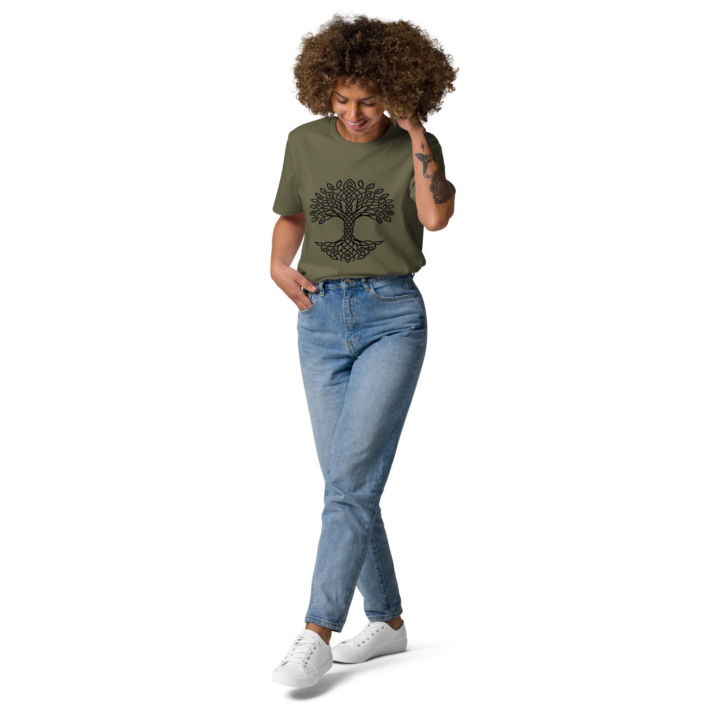 Lifestyle photo of Celtic Tree of Life organic unisex cotton t-shirt with black tree design on chest, color: khaki