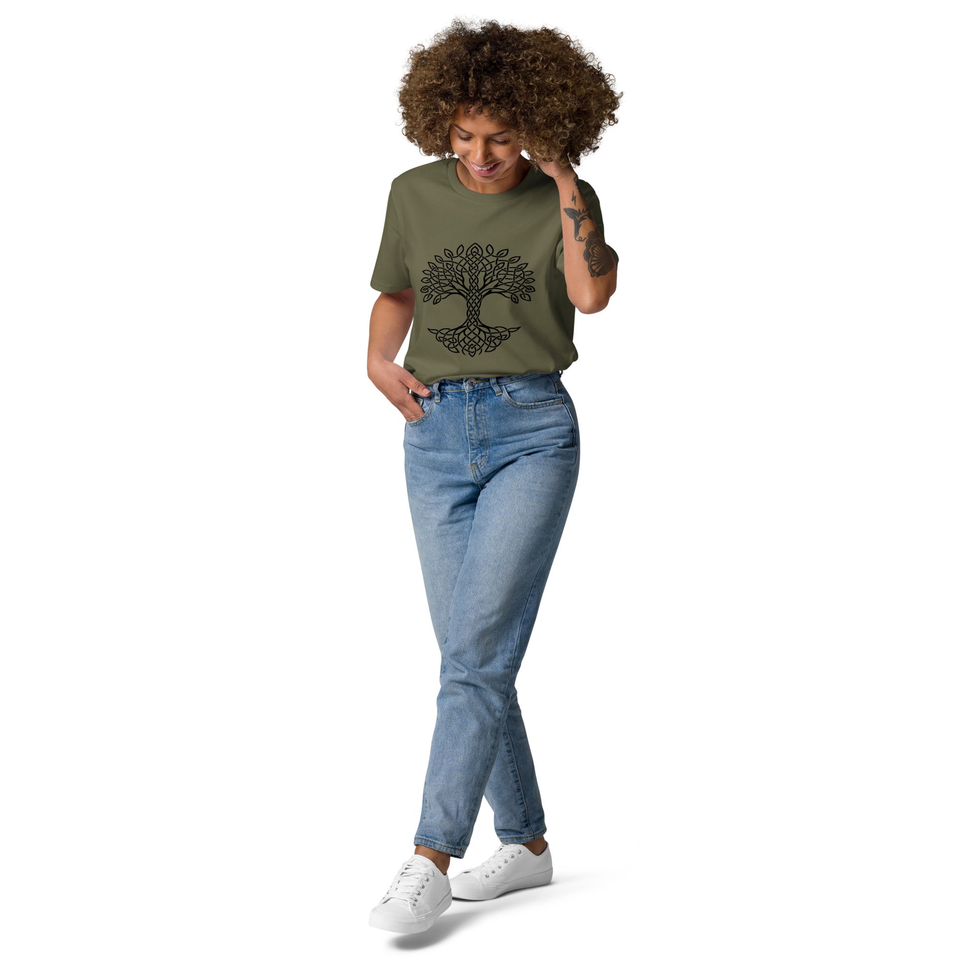 Lifestyle photo of Celtic Tree of Life organic unisex cotton t-shirt with black tree design on chest, color: khaki