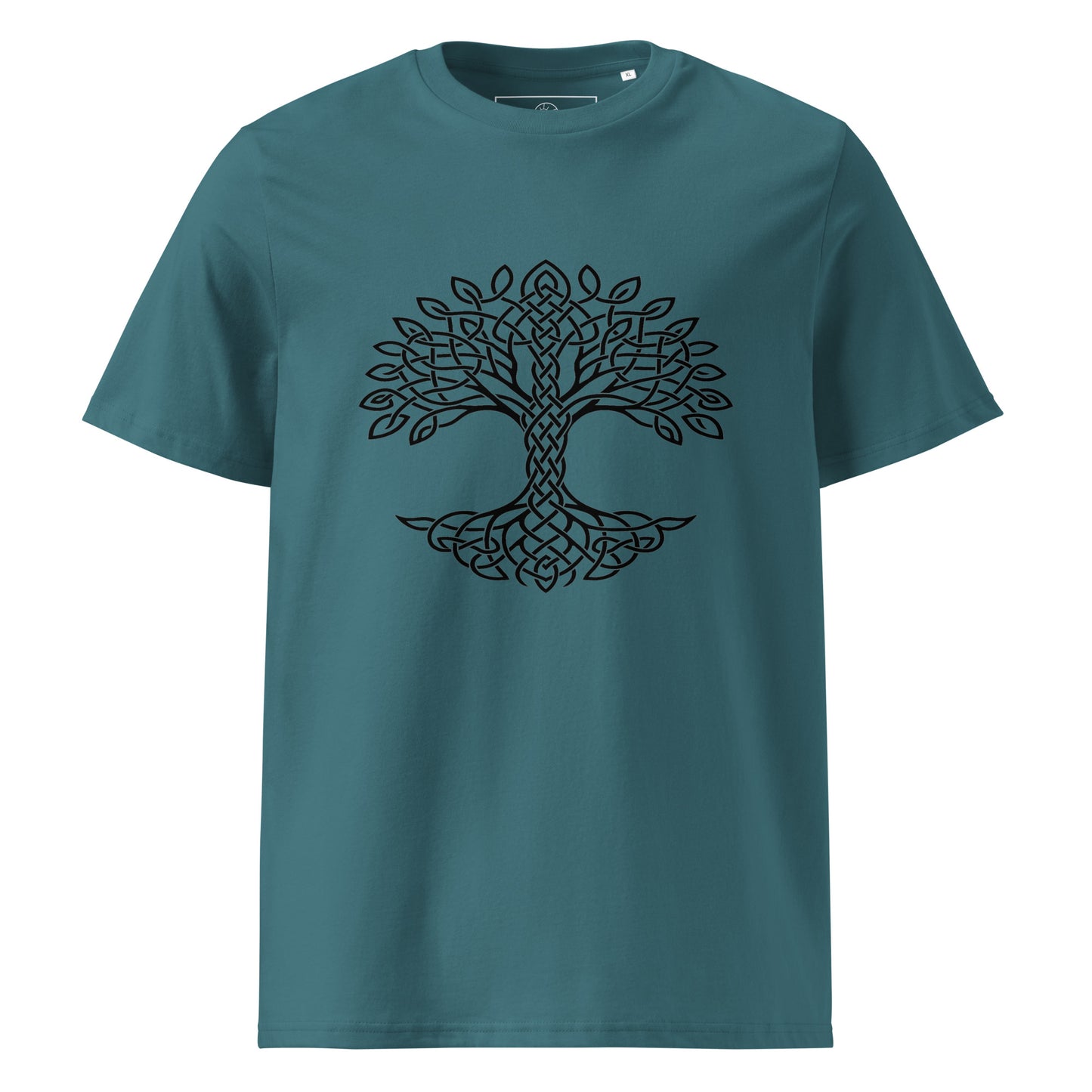 Front view of Celtic Tree of Life organic unisex cotton t-shirt with black tree design on chest, color: stargazer
