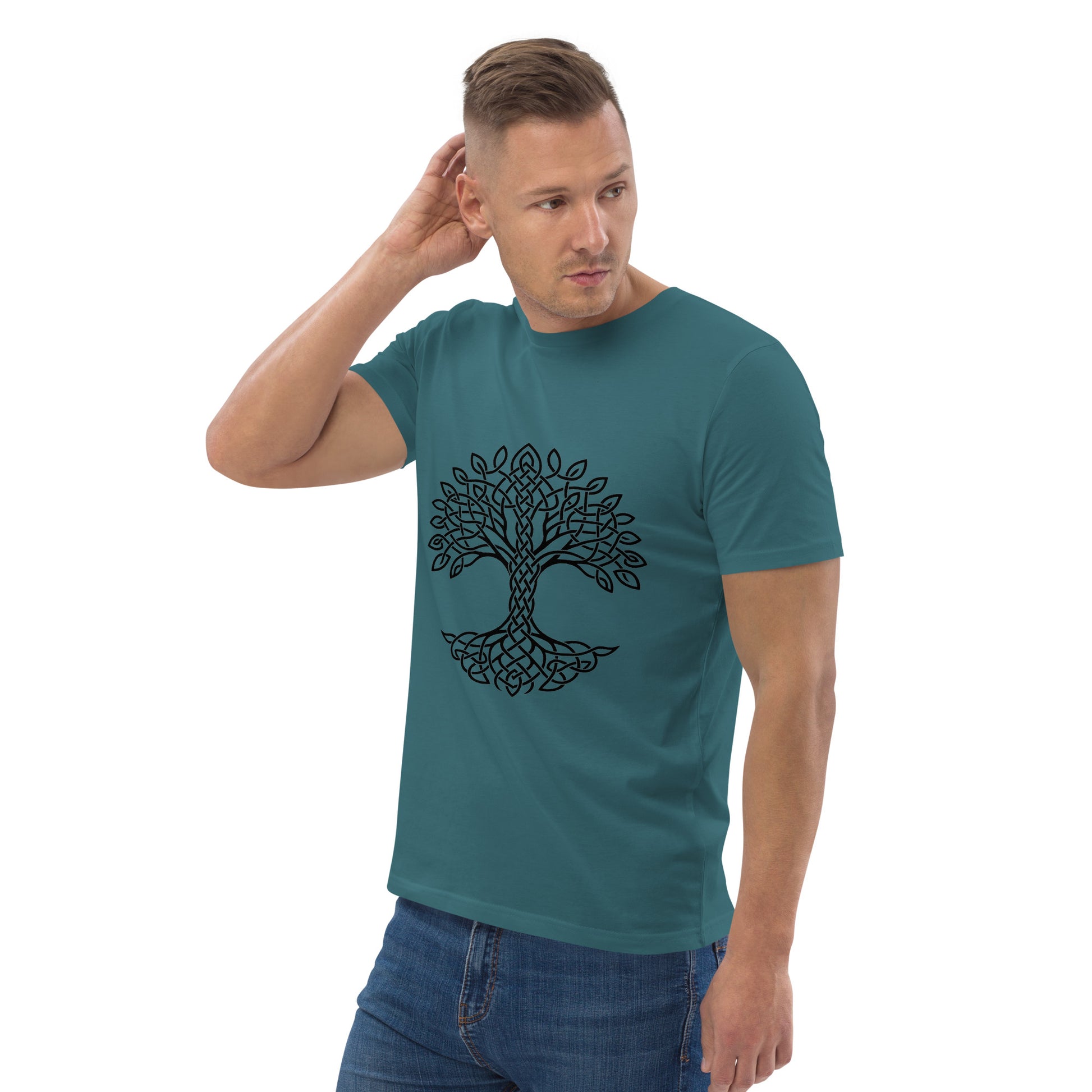 Lifestyle photo of Celtic Tree of Life organic unisex cotton t-shirt with black tree design on chest, color: stargazer