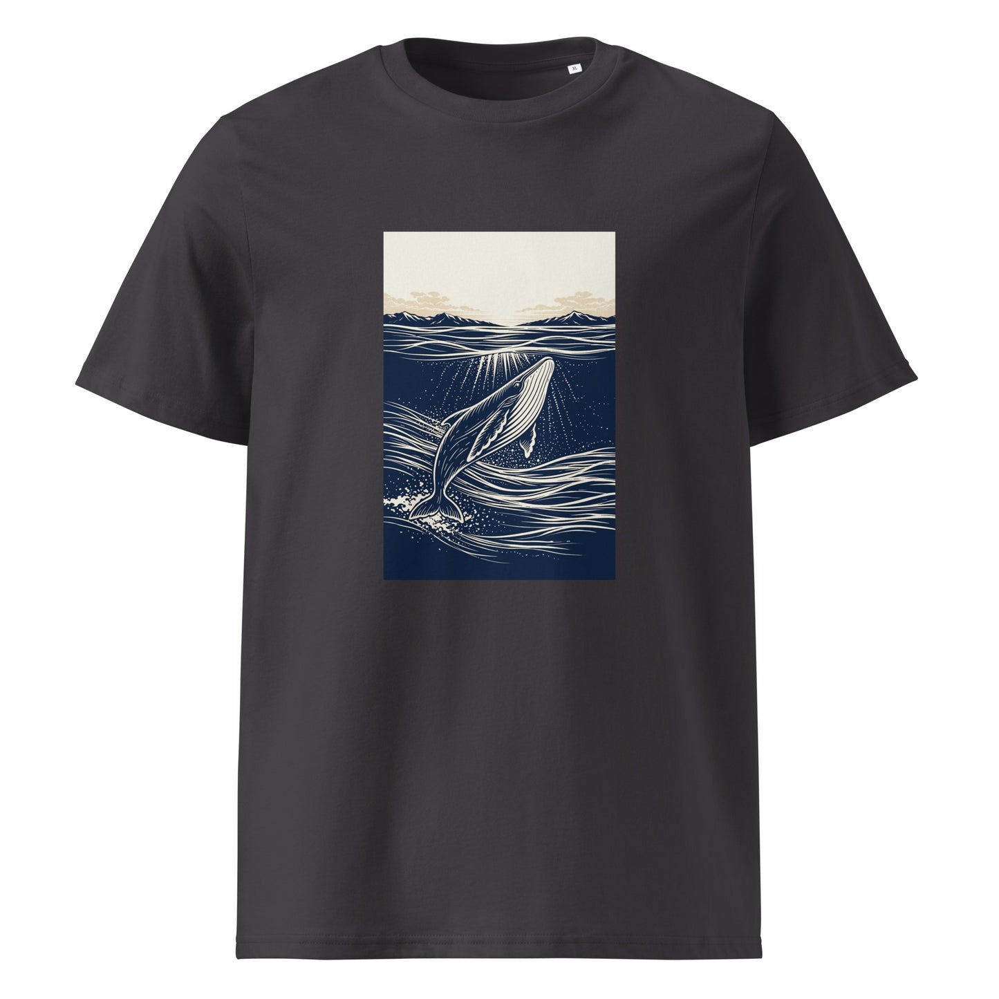 Front view of Organic cotton whale graphic t shirt featuring a minimalist ocean illustration with rising whale and beige horizon sky. color: anthracite