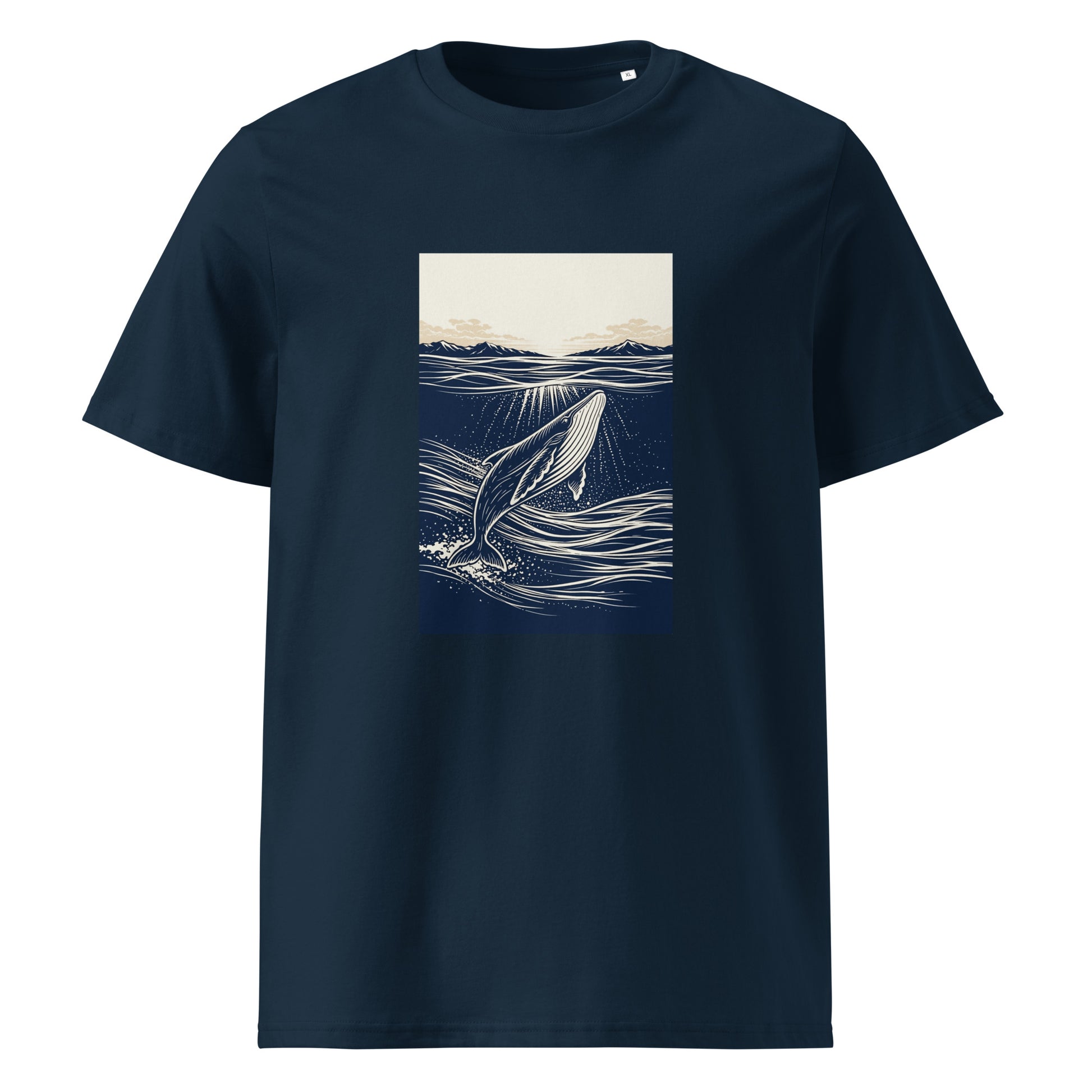 Front view of Organic cotton whale graphic t shirt featuring a minimalist ocean illustration with rising whale and beige horizon sky. color: french navy