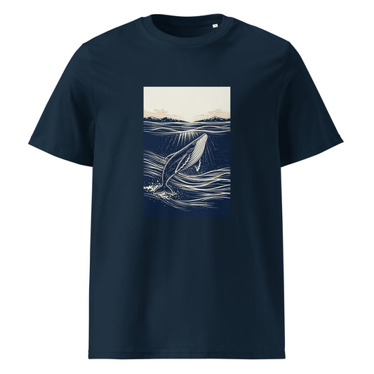 Front view of Organic cotton whale graphic t shirt featuring a minimalist ocean illustration with rising whale and beige horizon sky. color: french navy