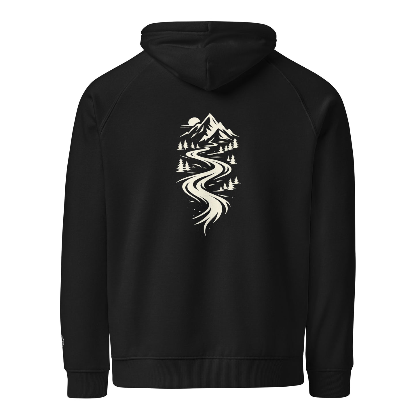 Back view of Flow State eco hoodie with light river and mountain graphic – unisex organic cotton hoodie – color: black