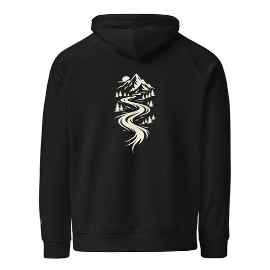 Back view of Flow State eco hoodie with light river and mountain graphic – unisex organic cotton hoodie – color: black