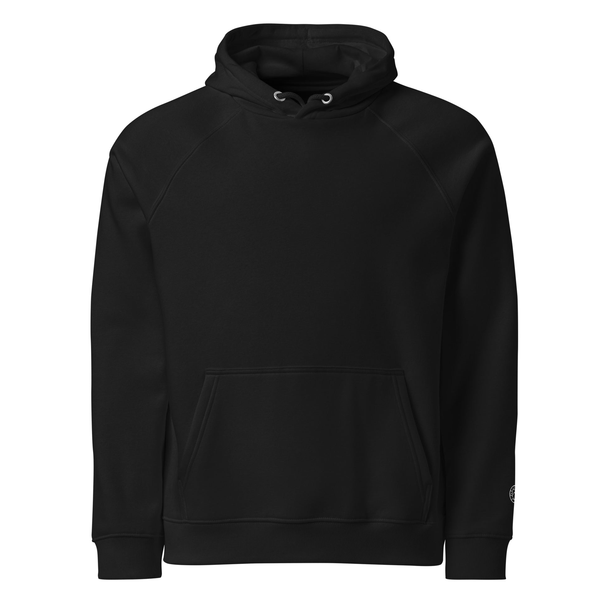 Front view of Flow State eco hoodie with light river and mountain graphic – unisex organic cotton hoodie – color: black