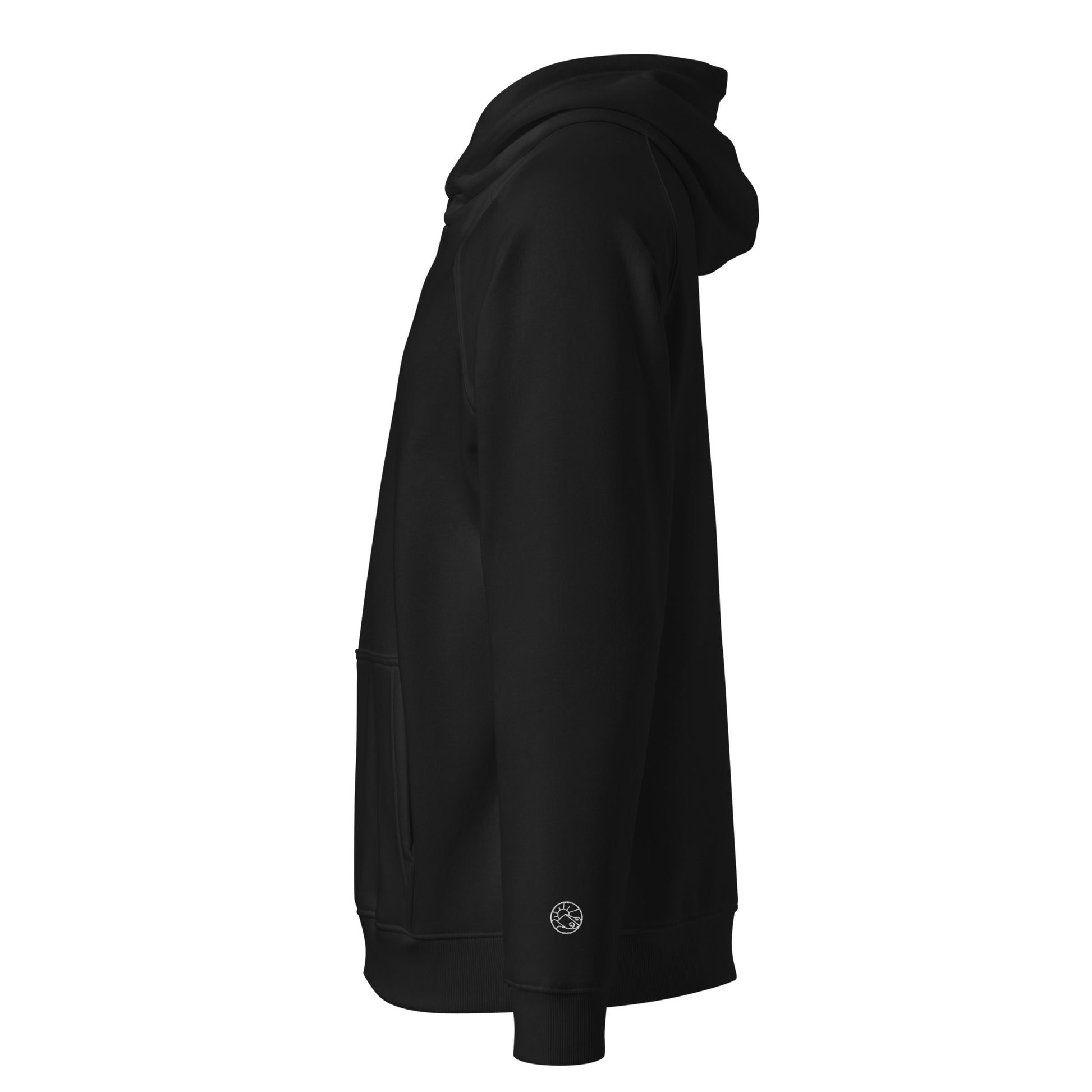 Left side view of Flow State eco hoodie with raglan sleeve detail – unisex organic cotton hoodie – color: black