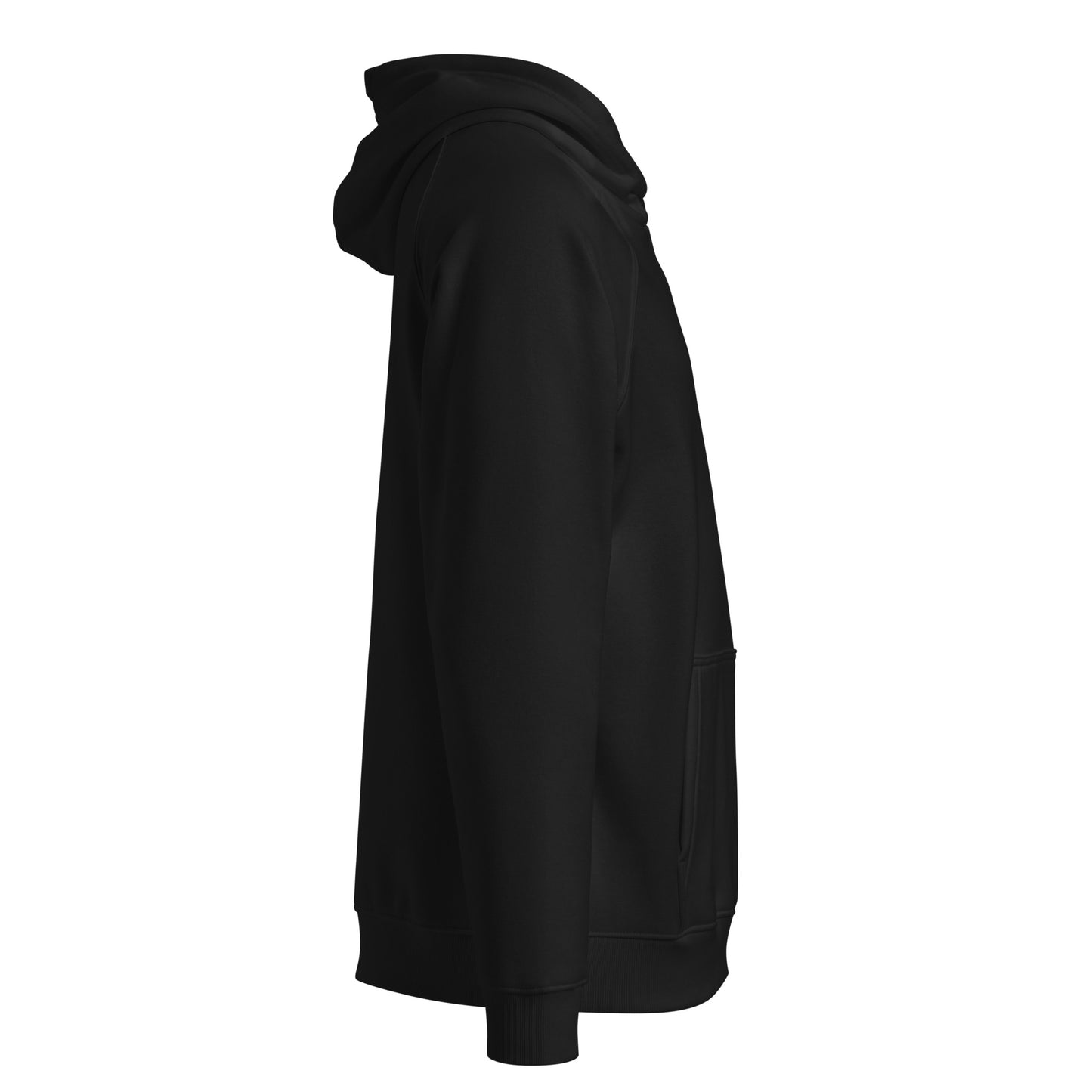 Right side view of Flow State eco hoodie with light river and mountain graphic – unisex organic cotton hoodie – color: black