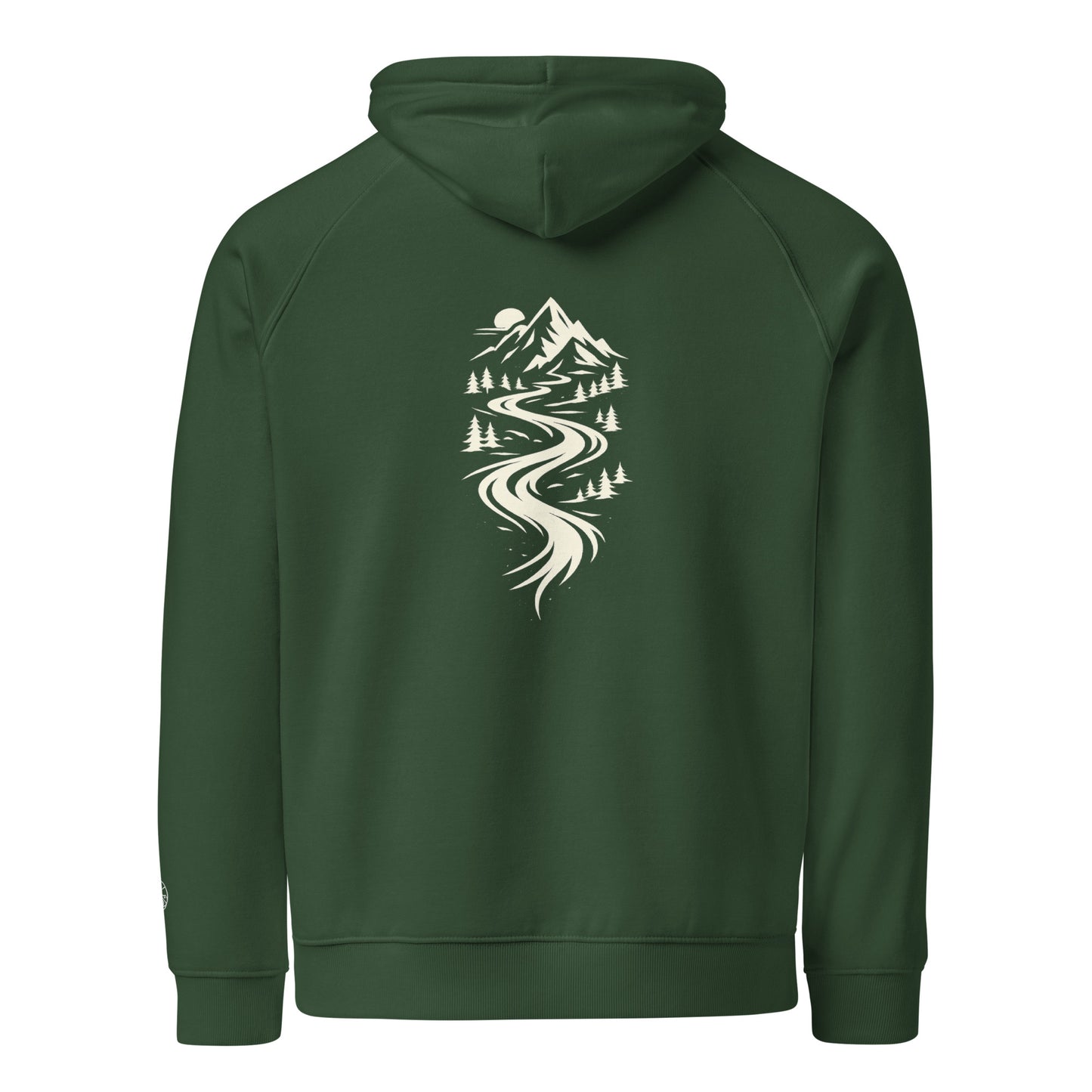 Back view of Flow State eco hoodie worn outdoors – unisex organic cotton hoodie – color: bottle green