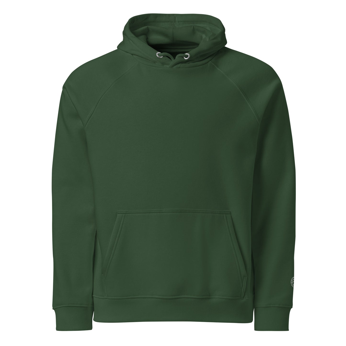 Front view of Flow State eco hoodie worn outdoors – unisex organic cotton hoodie – color: bottle green