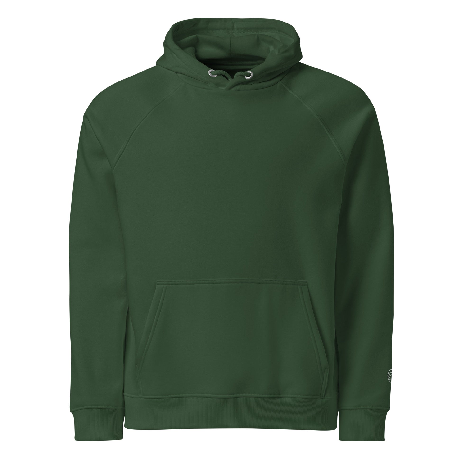 Front view of Flow State eco hoodie worn outdoors – unisex organic cotton hoodie – color: bottle green