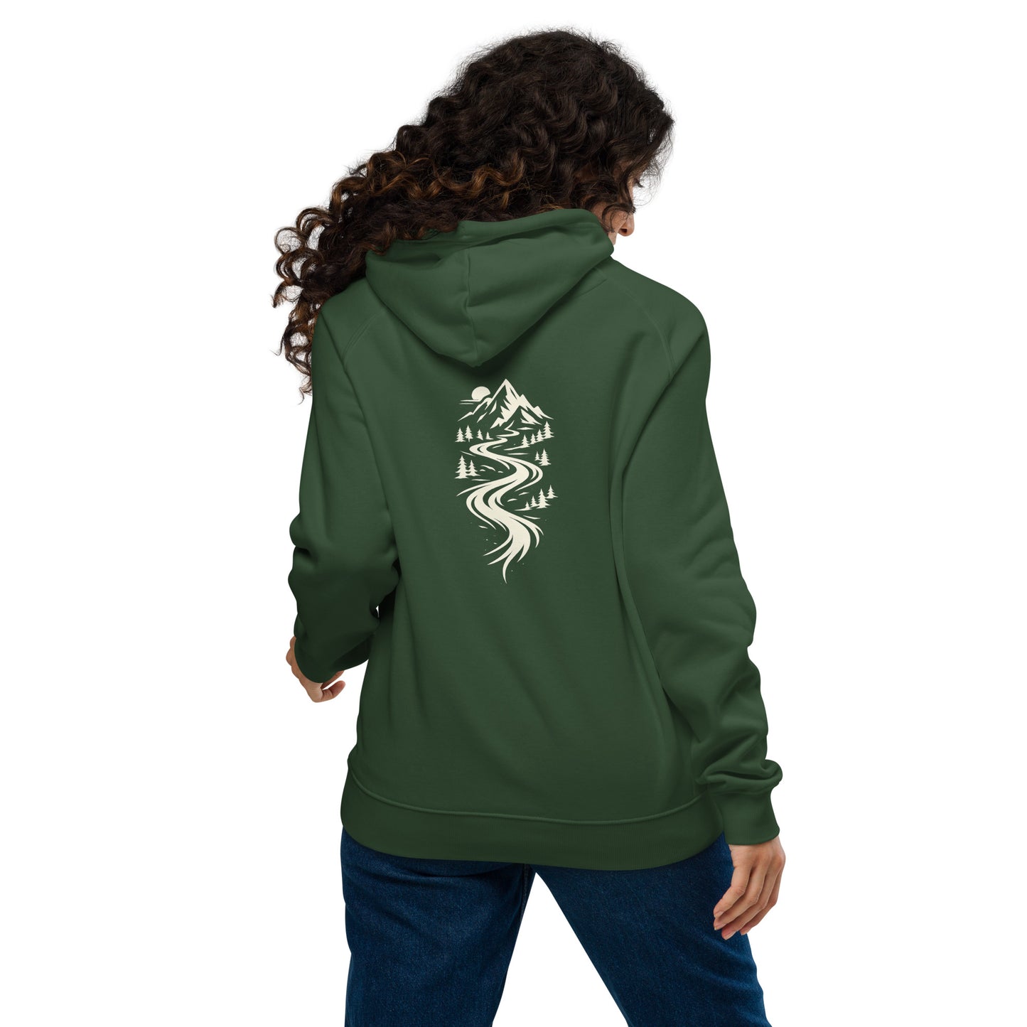 Lifestyle photo of Flow State eco hoodie worn outdoors – unisex organic cotton hoodie – color: bottle green