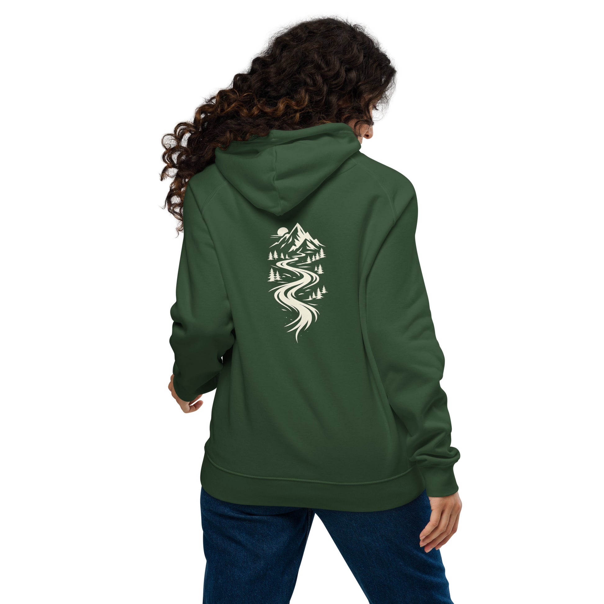 Lifestyle photo of Flow State eco hoodie worn outdoors – unisex organic cotton hoodie – color: bottle green