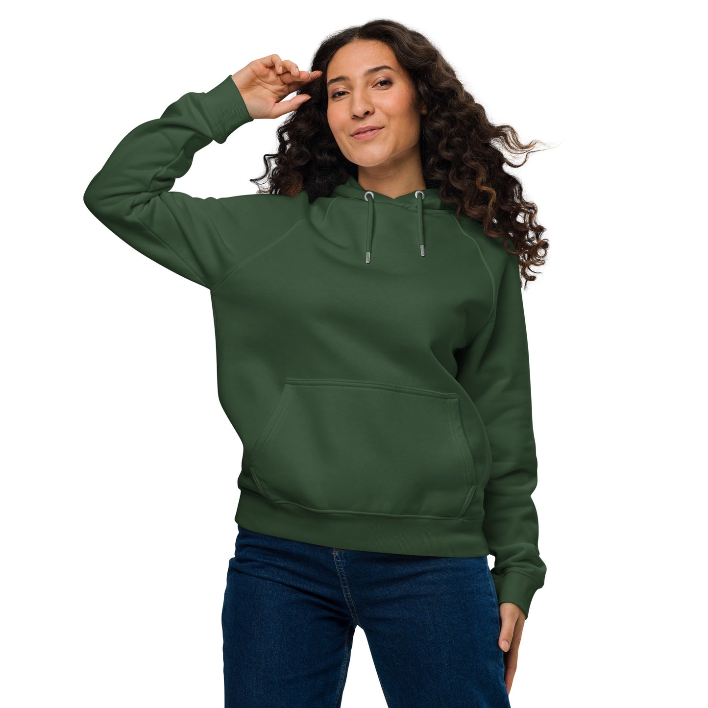 Lifestyle photo of Flow State eco hoodie worn outdoors – unisex organic cotton hoodie – color: bottle green