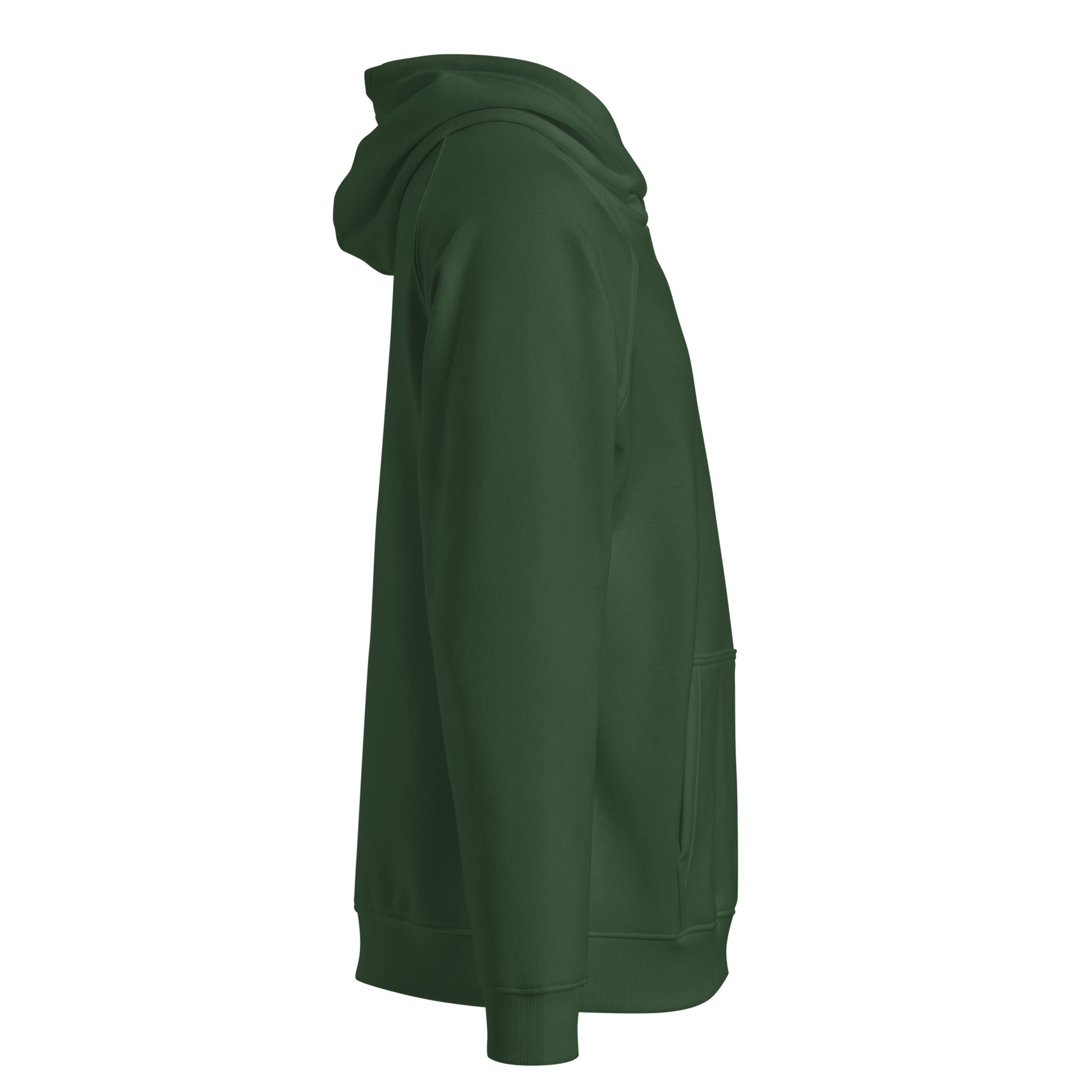 Right side view of Flow State eco hoodie – unisex organic cotton hoodie – color: bottle green