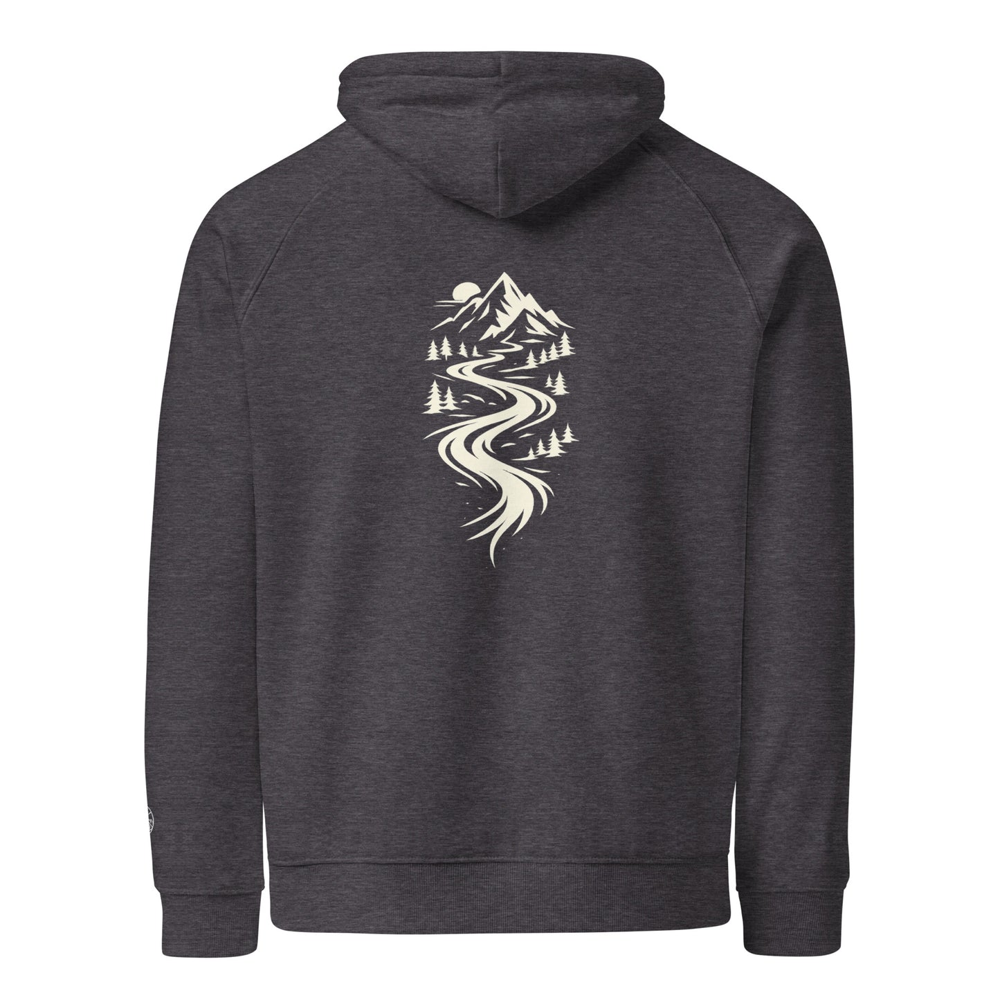 Back view of Flow State eco hoodie worn outdoors – unisex organic cotton hoodie – color: charcoal melange