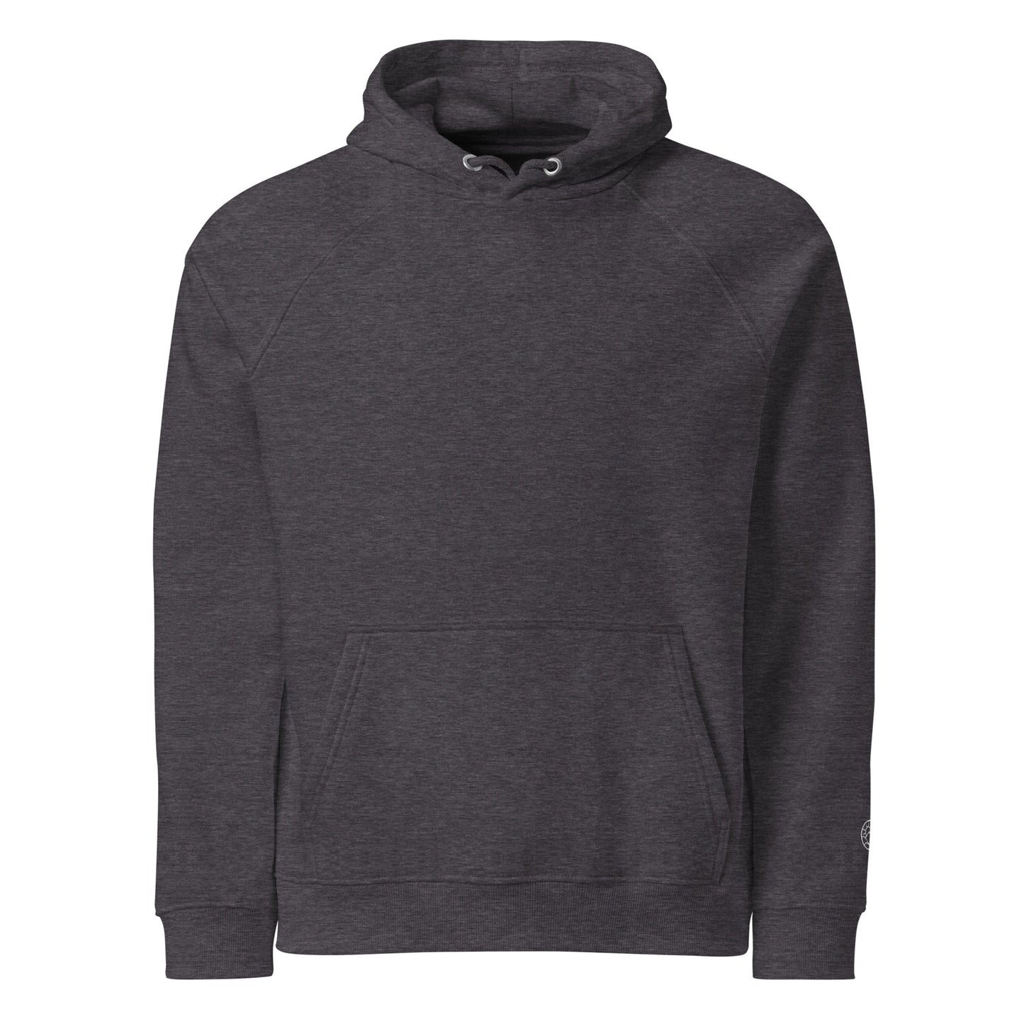 Front view of Flow State eco hoodie worn outdoors – unisex organic cotton hoodie – color: charcoal melange