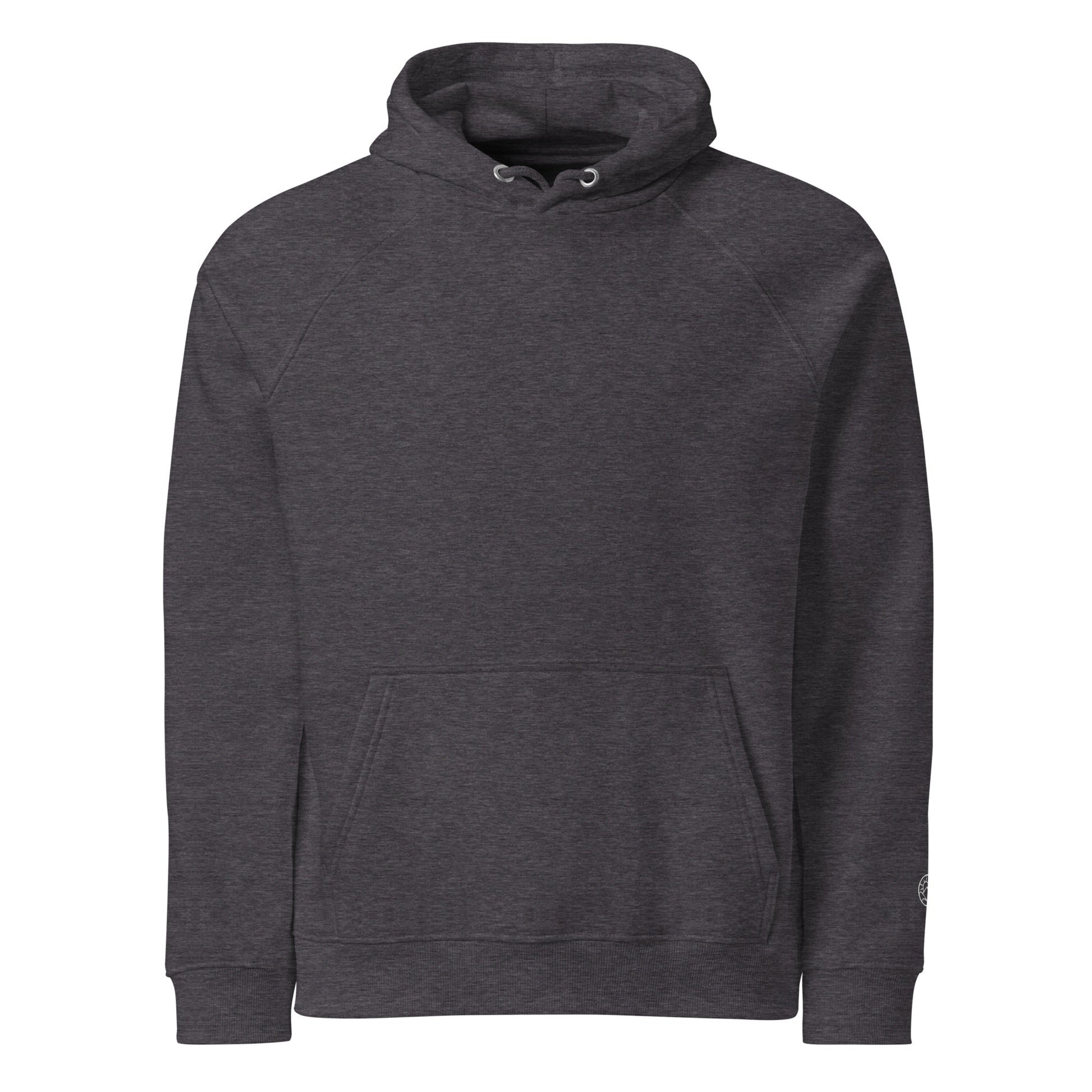 Front view of Flow State eco hoodie worn outdoors – unisex organic cotton hoodie – color: charcoal melange
