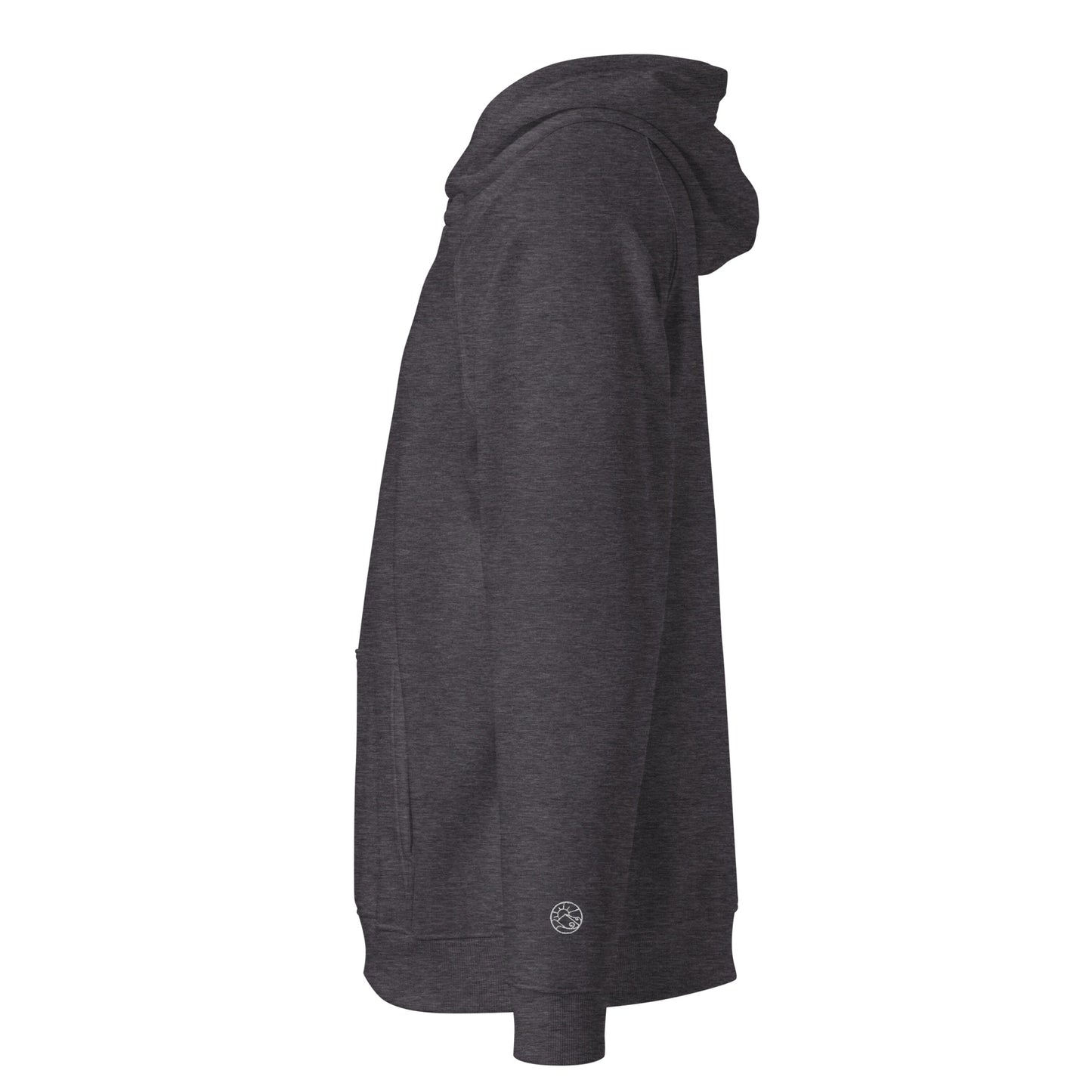 Left side view of Flow State eco hoodie with raglan sleeve detail – unisex organic cotton hoodie – color: charcoal melange
