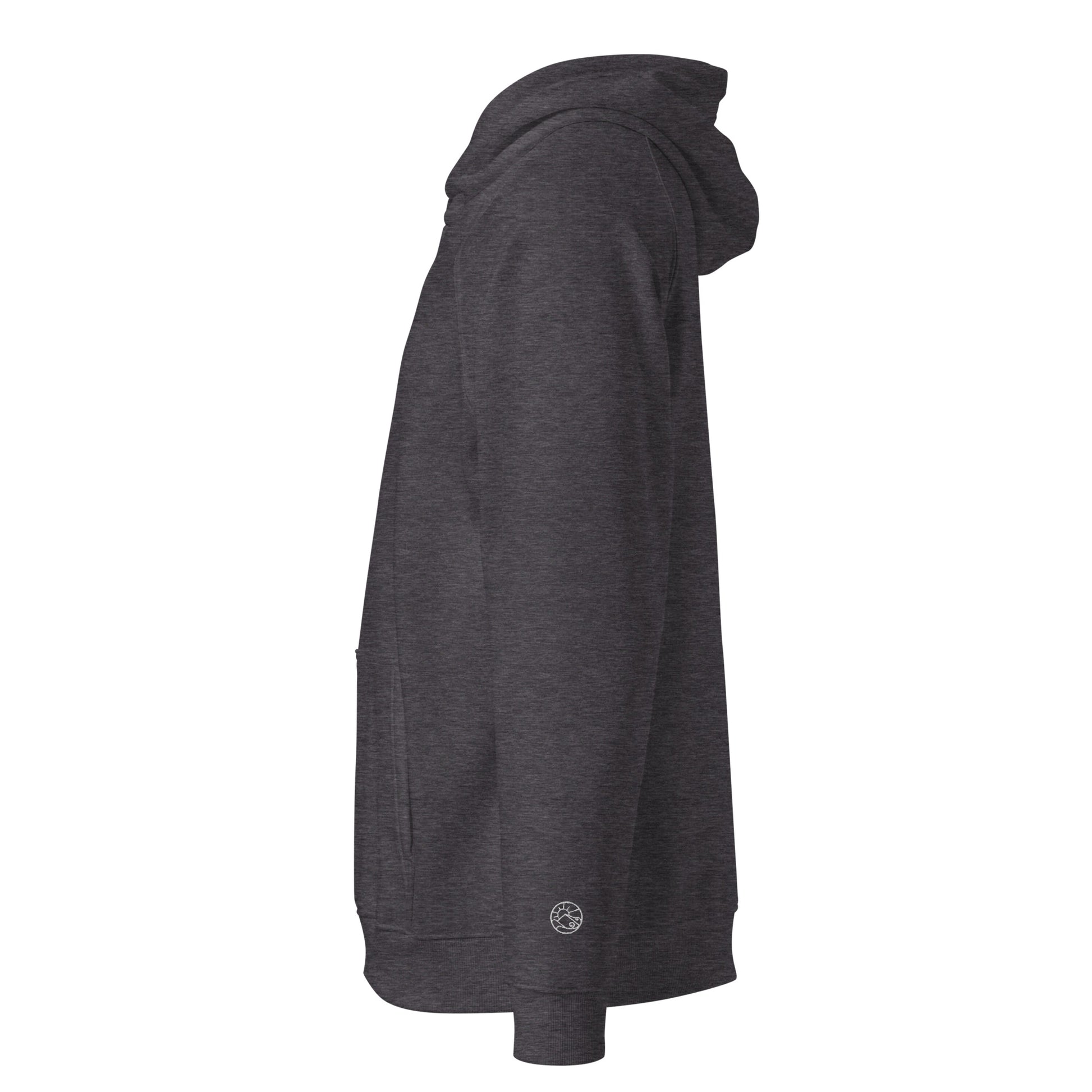 Left side view of Flow State eco hoodie with raglan sleeve detail – unisex organic cotton hoodie – color: charcoal melange