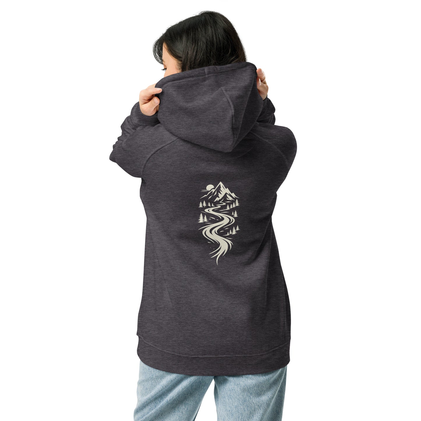 Lifestyle photo of Flow State eco hoodie worn outdoors – unisex organic cotton hoodie – color: charcoal melange