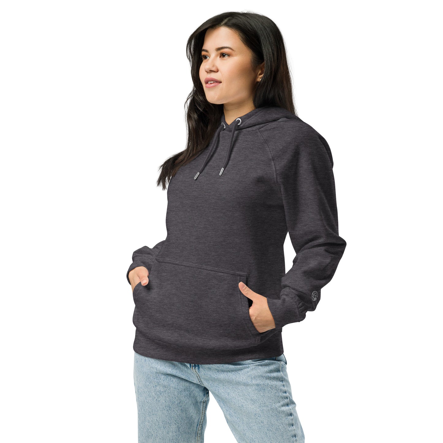 Lifestyle photo of Flow State eco hoodie worn outdoors – unisex organic cotton hoodie – color: charcoal melange