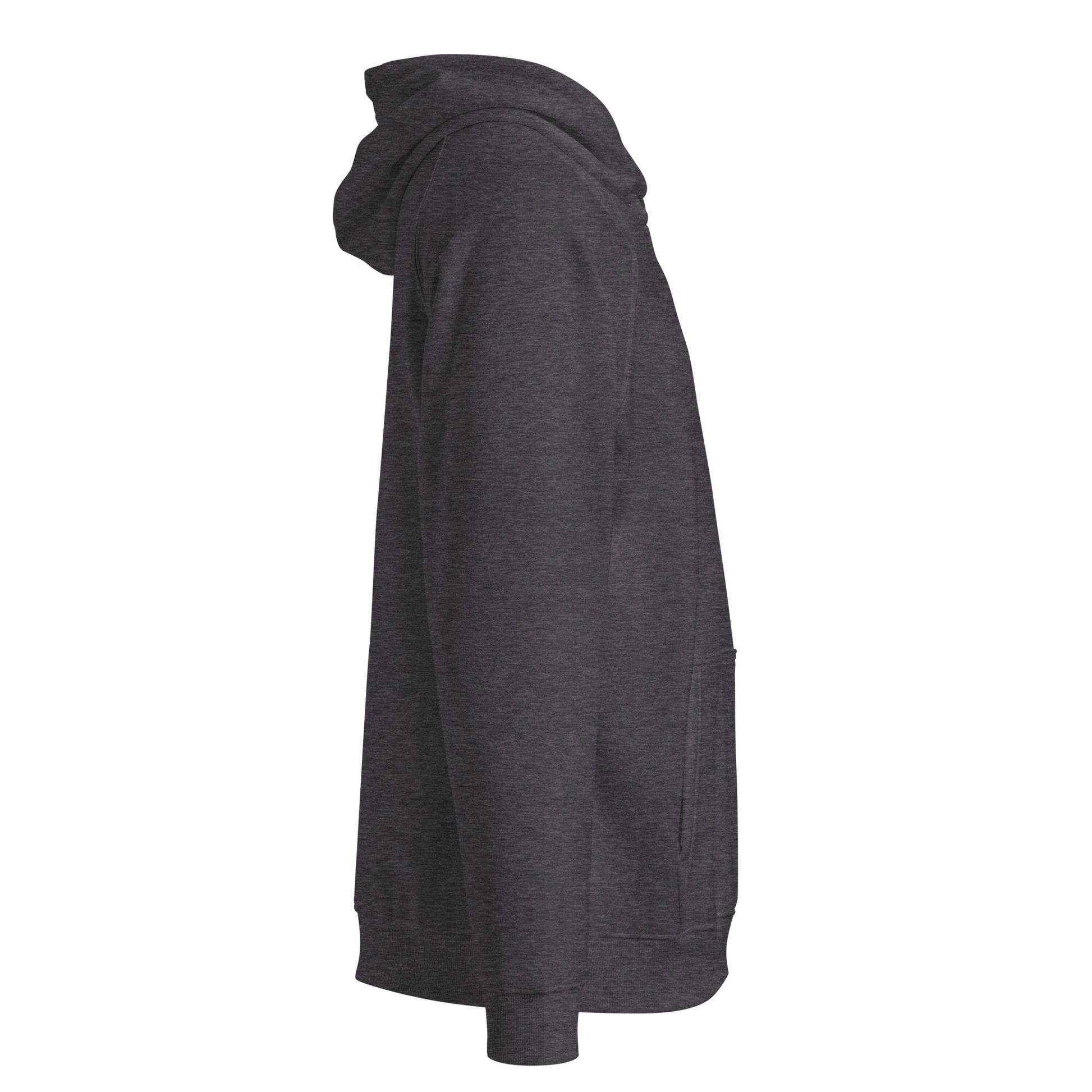 Right side view of Flow State eco hoodie – unisex organic cotton hoodie – color: charcoal melange