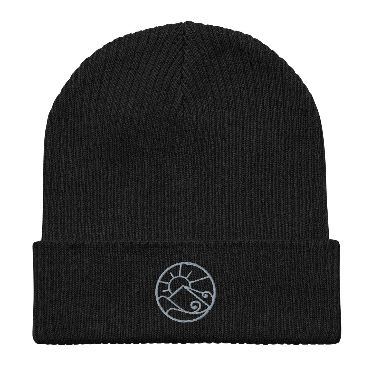 Flat front view of organic ribbed beanie with subtle embroidered Gaia’s Harmony logo – unisex beanie – color: black