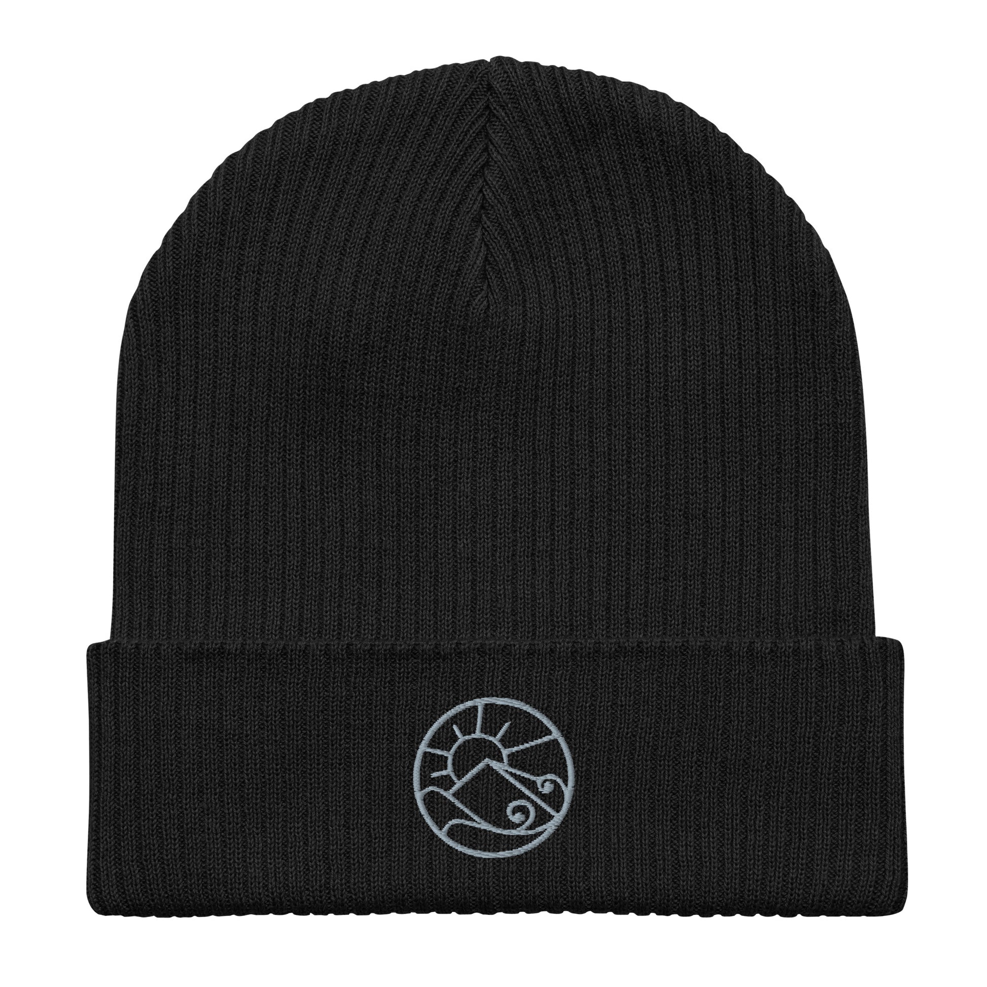 Flat front view of organic ribbed beanie with subtle embroidered Gaia’s Harmony logo – unisex beanie – color: black