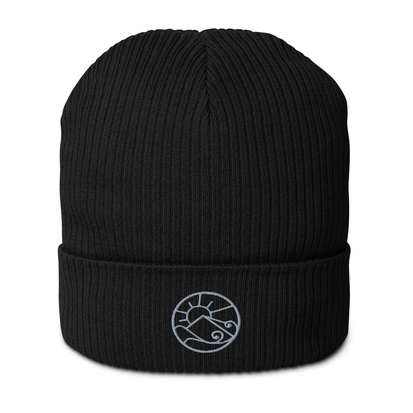 Front view of organic ribbed beanie with subtle embroidered Gaia’s Harmony logo – unisex beanie – color: black