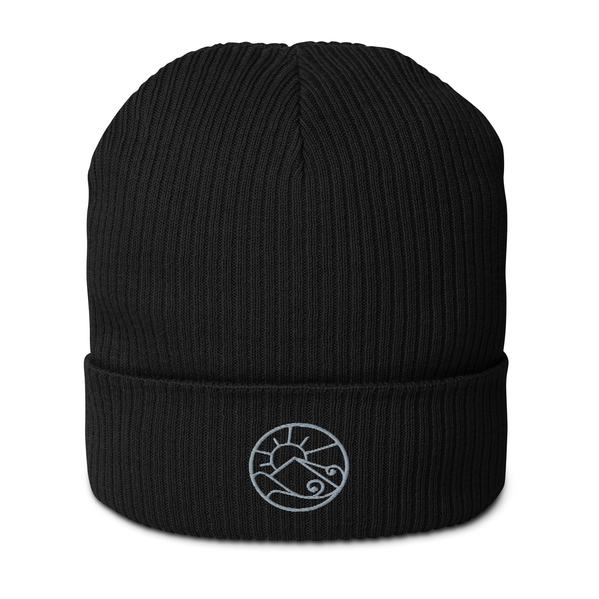 Front view of organic ribbed beanie with subtle embroidered Gaia’s Harmony logo – unisex beanie – color: black