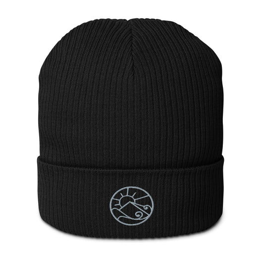 Front view of organic ribbed beanie with subtle embroidered Gaia’s Harmony logo – unisex beanie – color: black