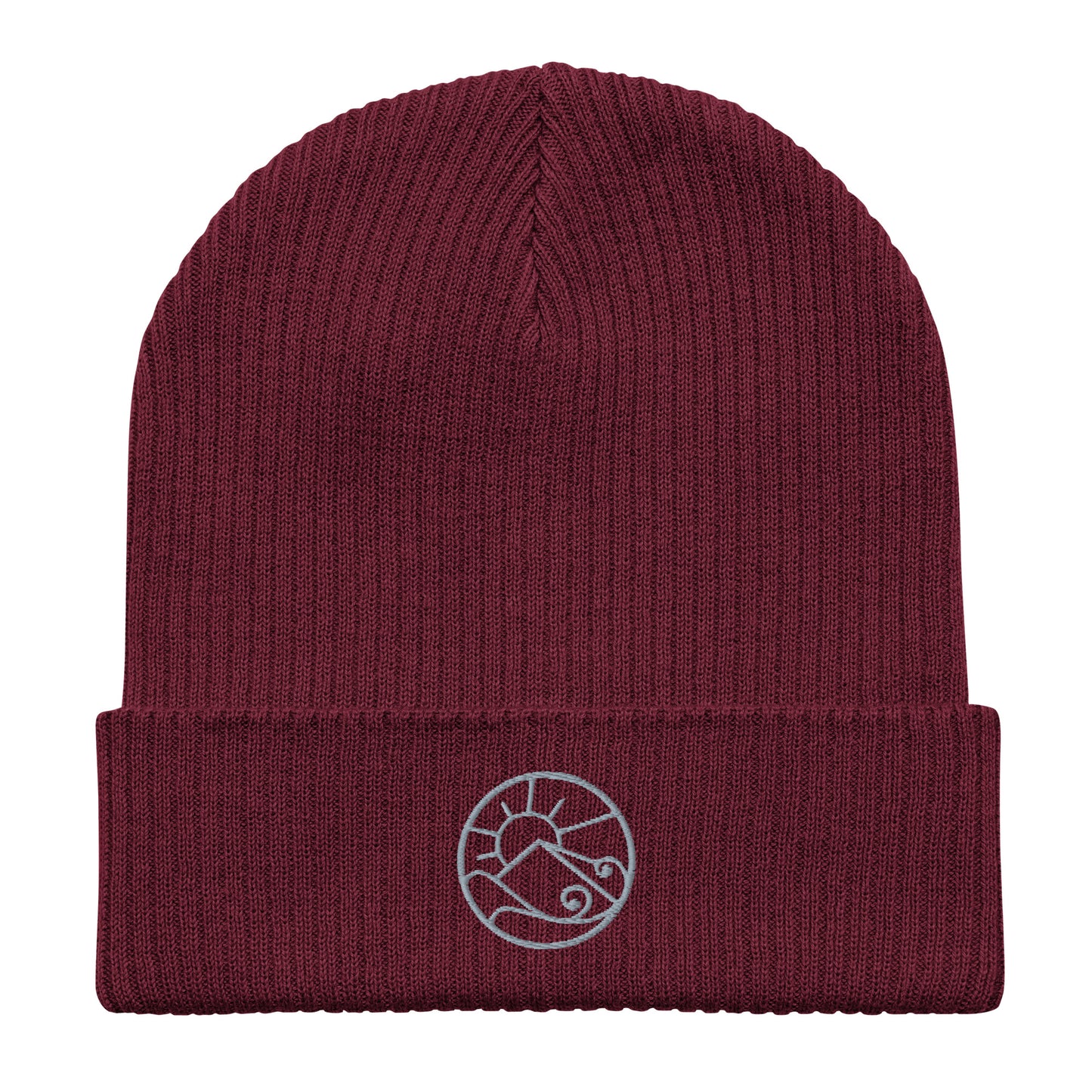 Flat front view of organic ribbed beanie with subtle embroidered Gaia’s Harmony logo – unisex beanie – color: burgundy